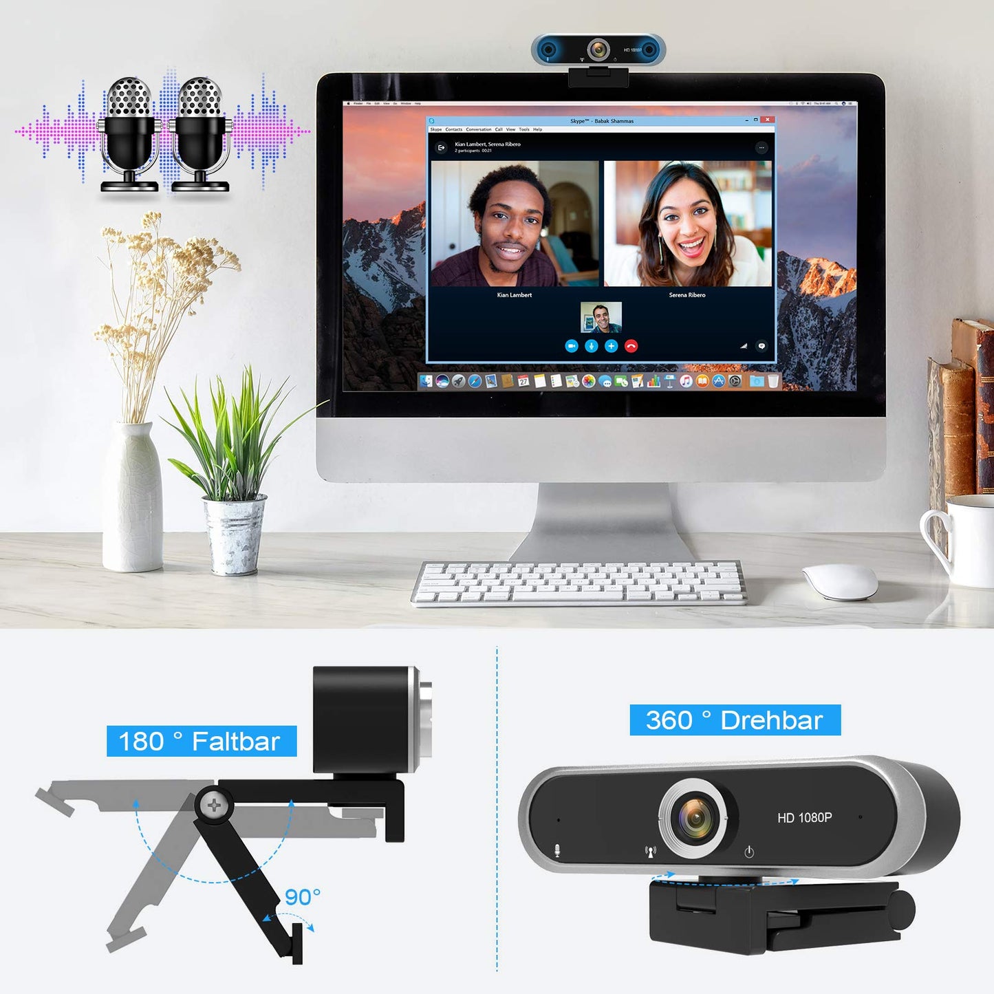 Webcam 1080P mit Mikrofon und Webcam Abdeckung, Stativ, Plug & Play, mit automatischer Lichtkorrektur, für Laptop, PC, Desktop, für Live-Streaming, Videoanruf, Konferenz, Online-Unterricht, Spiel