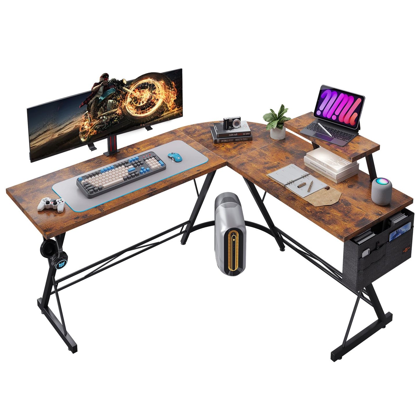 ODK Gaming Tisch, Gaming Schreibtisch Eckschreibtisch für Gamer, Schreibtisch L Form mit Monitorständer für Büro (Schwarz, 127 x 127 cm)