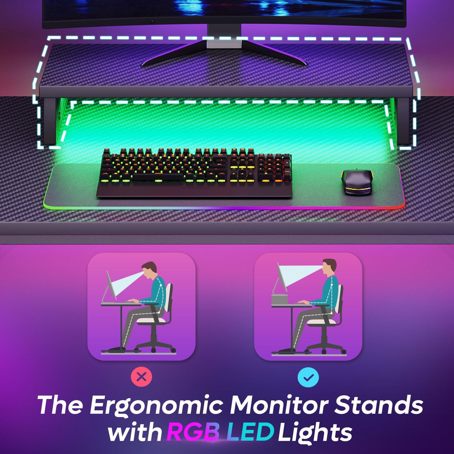 Bestier Kleiner Gaming-Schreibtisch 106,6 cm LED Computerschreibtisch mit Monitorständer, Gamer-Arbeitsstation mit Becherhalter & Headset-Haken für Home-Office, Schlafzimmer, kleine Räum