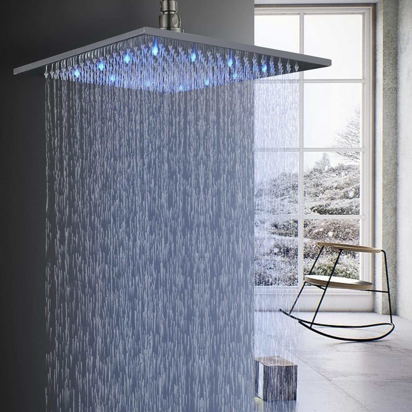 JUNSOTTOR 30 * 30cm Luxus LED Regendusche Einbau-Duschkopf Deckenbrause Quadrat Überkopfbrause Farbewelchseln nach Temperatur aus Messing Schwarz