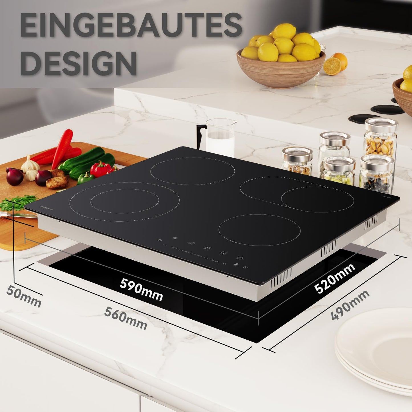 magicplux Glaskeramikkochfeld mit 4 kochfelder 59cm, Duale und Ovale Zonen, 15 Heizstufen, Berührungssteuerung, Kindersicherung, Timer, Geeignet für alle Kochgeschirre, 7200W