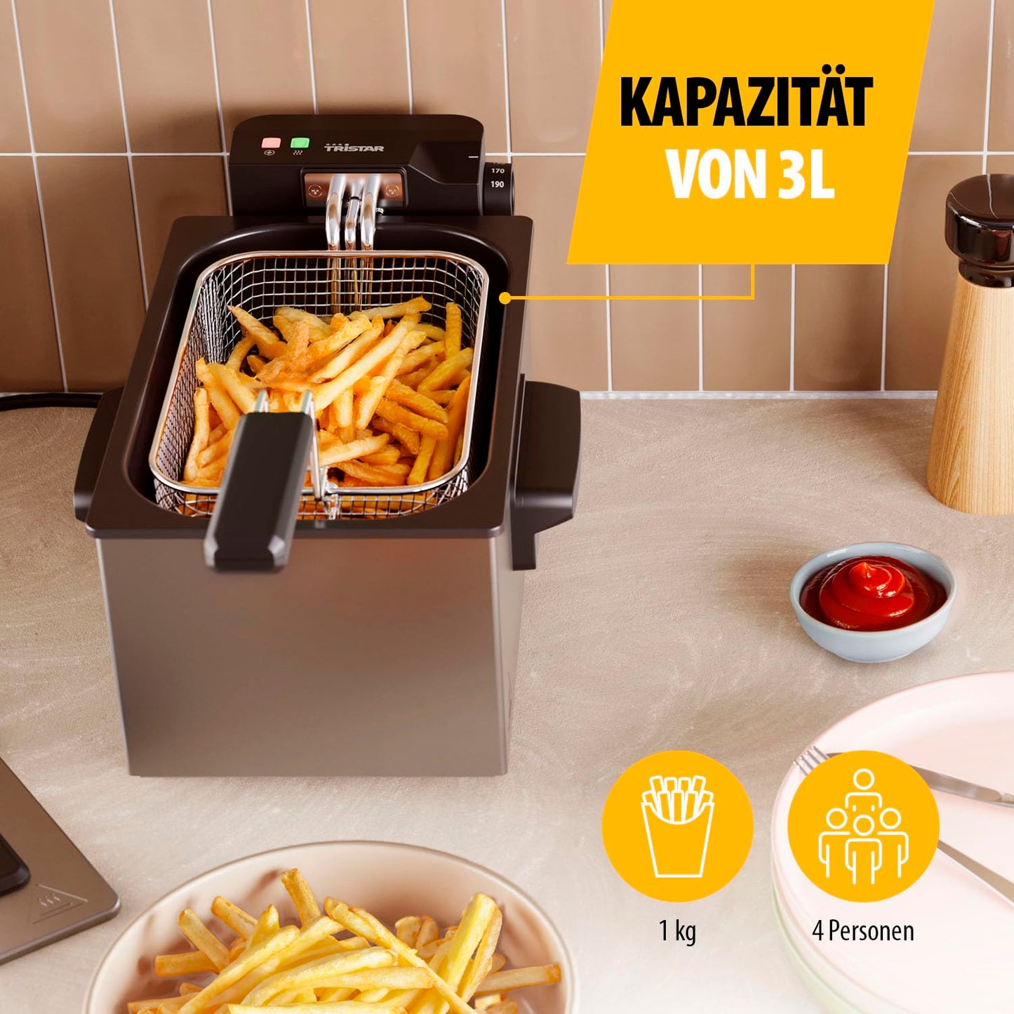 Tristar Fritteuse, 3L Kapazität, 2000 W, Cool Zone Technologie, Edelstahl, Einstellbares Thermostat, Leicht zu Reinigen, Abnehmbare Teile, FR-9325, Silver, NEU