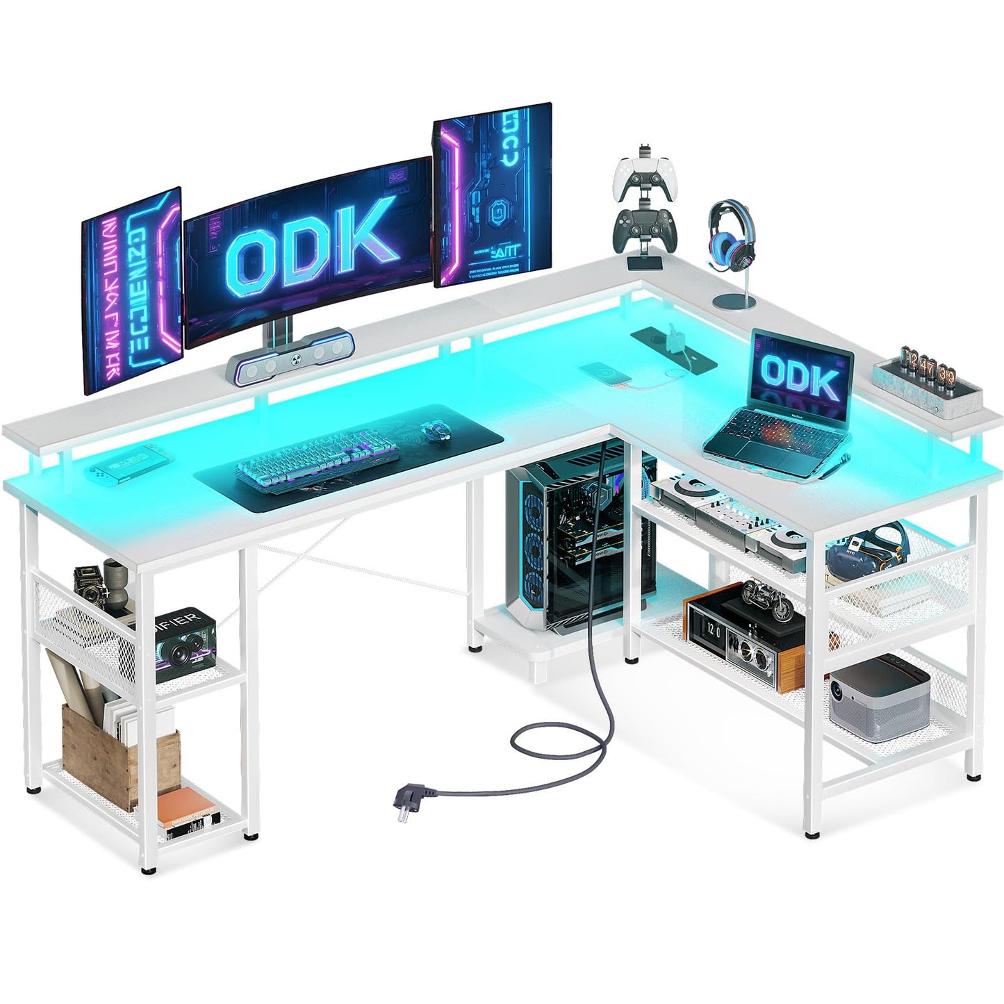 ODK Gaming Tisch mit LED, Reversibel Gaming Schreibtisch mit 2 Steckdosen & 2 USB-Ladeanschlüssen, Eckschreibtisch Groß mit Netzablage, Schwarz 150×102cm