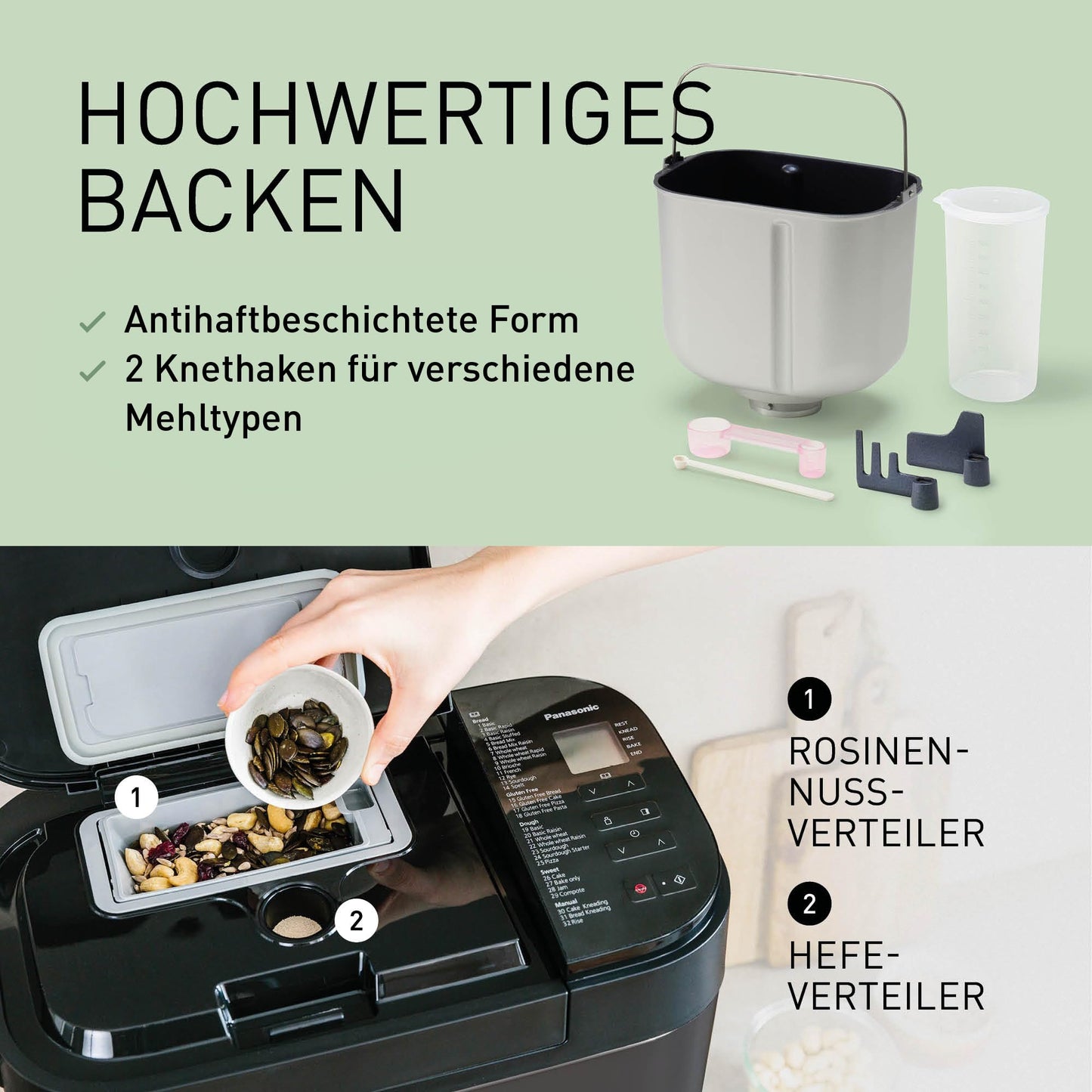 Panasonic Premium Grau Vollautomatischer Brotbackautomat, horizontales Design und Hefespender, 32 automatische Programme, zwei Temperatursensoren, 13-Stunden-Zeitvorwahl, Grau