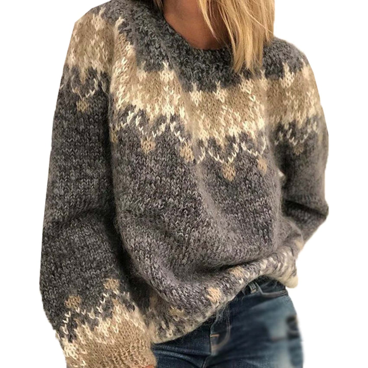 HUIPYOU Women's Mohair Jacquard Knit Sweater