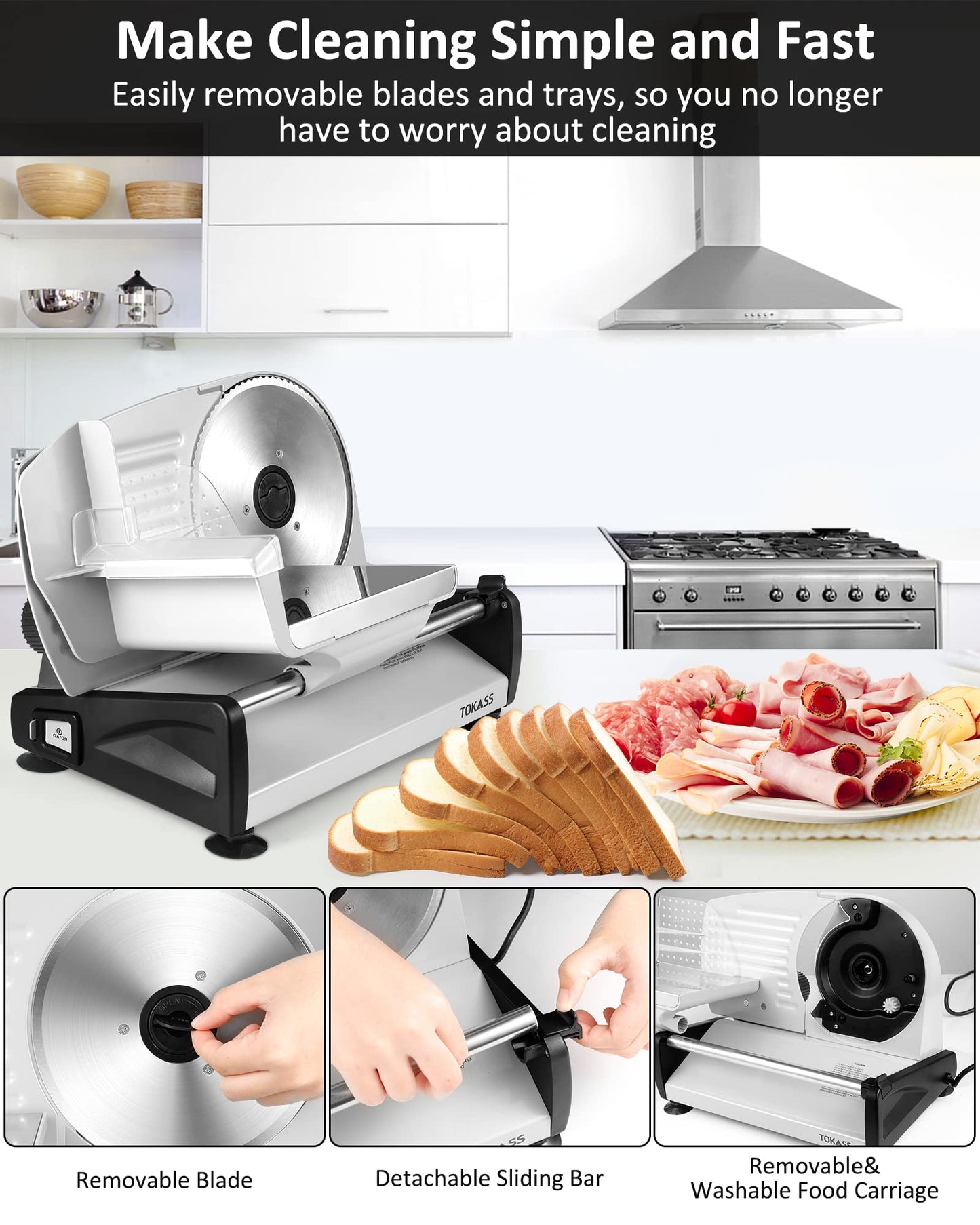 200 Watt Electric Slicer Stainless Steel - Adjustable Food Processor 0 to 15mm - 2 Blades - Sausage Slicer - Bread Slicer, Ham Slicer, Electric Knife Meat & Cheese