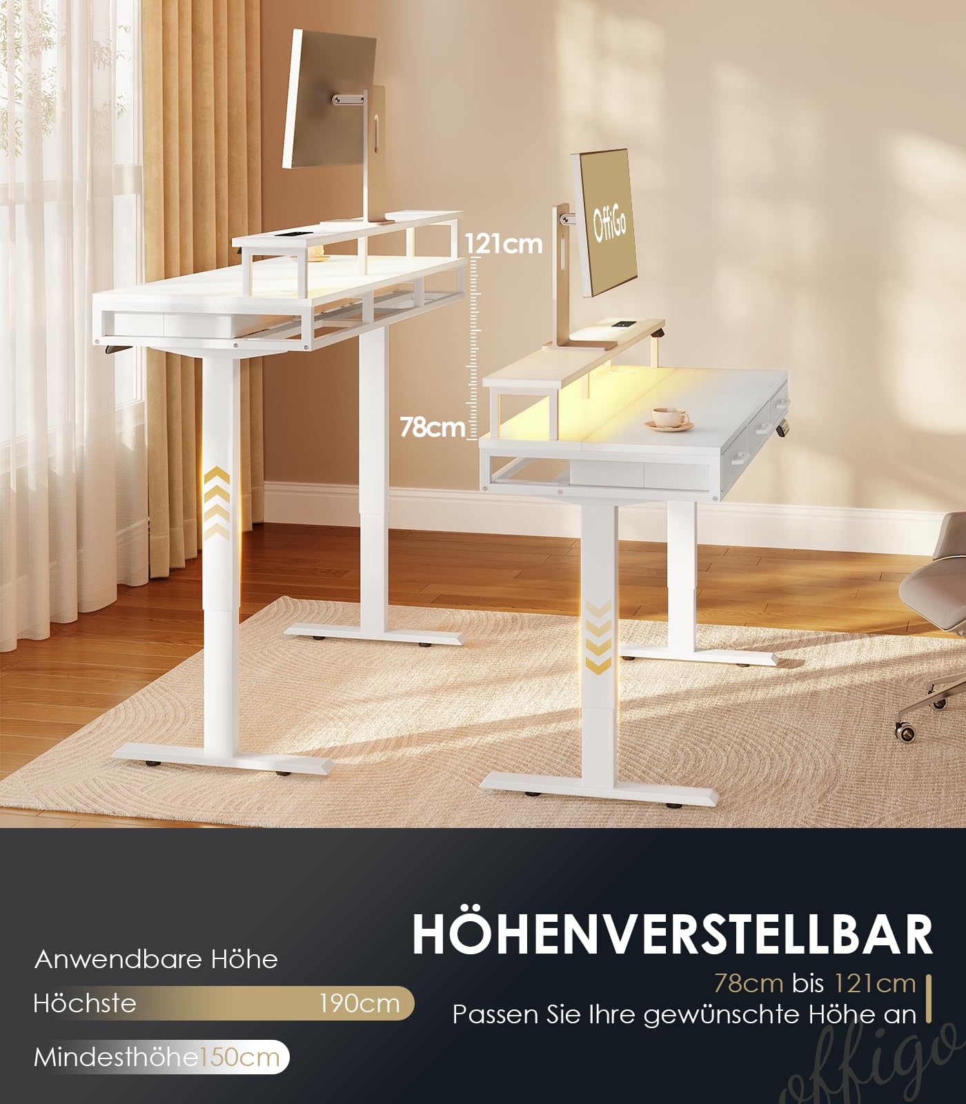 OffiGo Elektrischer Schreibtisch mit Schubladen, 120cm Höhenverstellbarer Schreibtisch mit Monitorständer, Gaming Tisch mit Steckdosen und Lichtleiste, Tisch Höhenverstellbar Bürotisch, Weiß