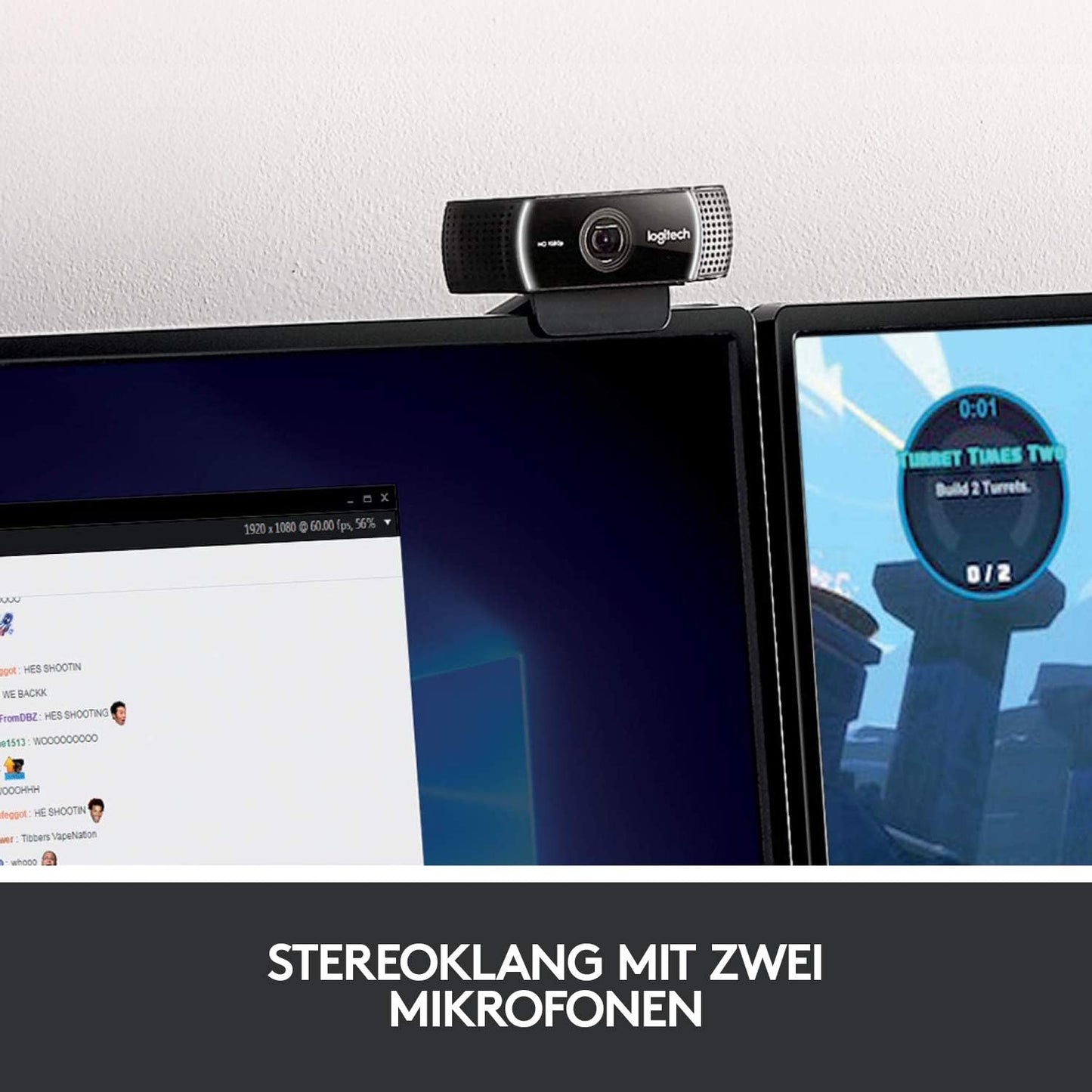 Logitech C922 PRO Webcam mit Stativ, Full-HD 1080p, 78° Sichtfeld, Autofokus, Belichtungskorrektur, H.264-Kompression, USB-Anschluss, Für Streaming via OBS, Xsplit, etc. - Schwarz