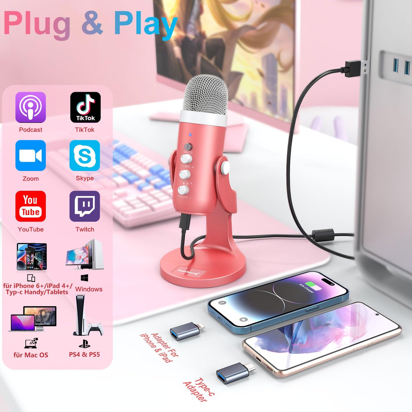 zealsound USB Mikrofon, Kondensator Mikrofon für PC Handy, PS4, PS5, Microphone PC USB C für Gaming, Podcast,Aufnahmen,Streaming,ASMR mit Stumm/Gain/Echo, Adapter für Phone,Kompatibel mit Mac, Winows