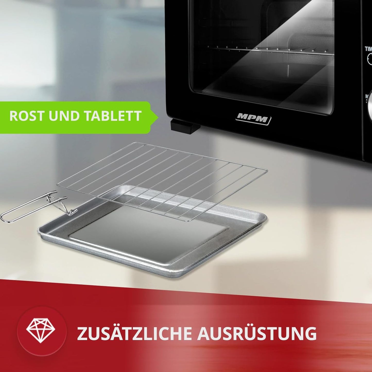 MPM Freistehender Elektrobackofen 10 Liter, Mini Ofen, Heißluft, 800W, Schwarz