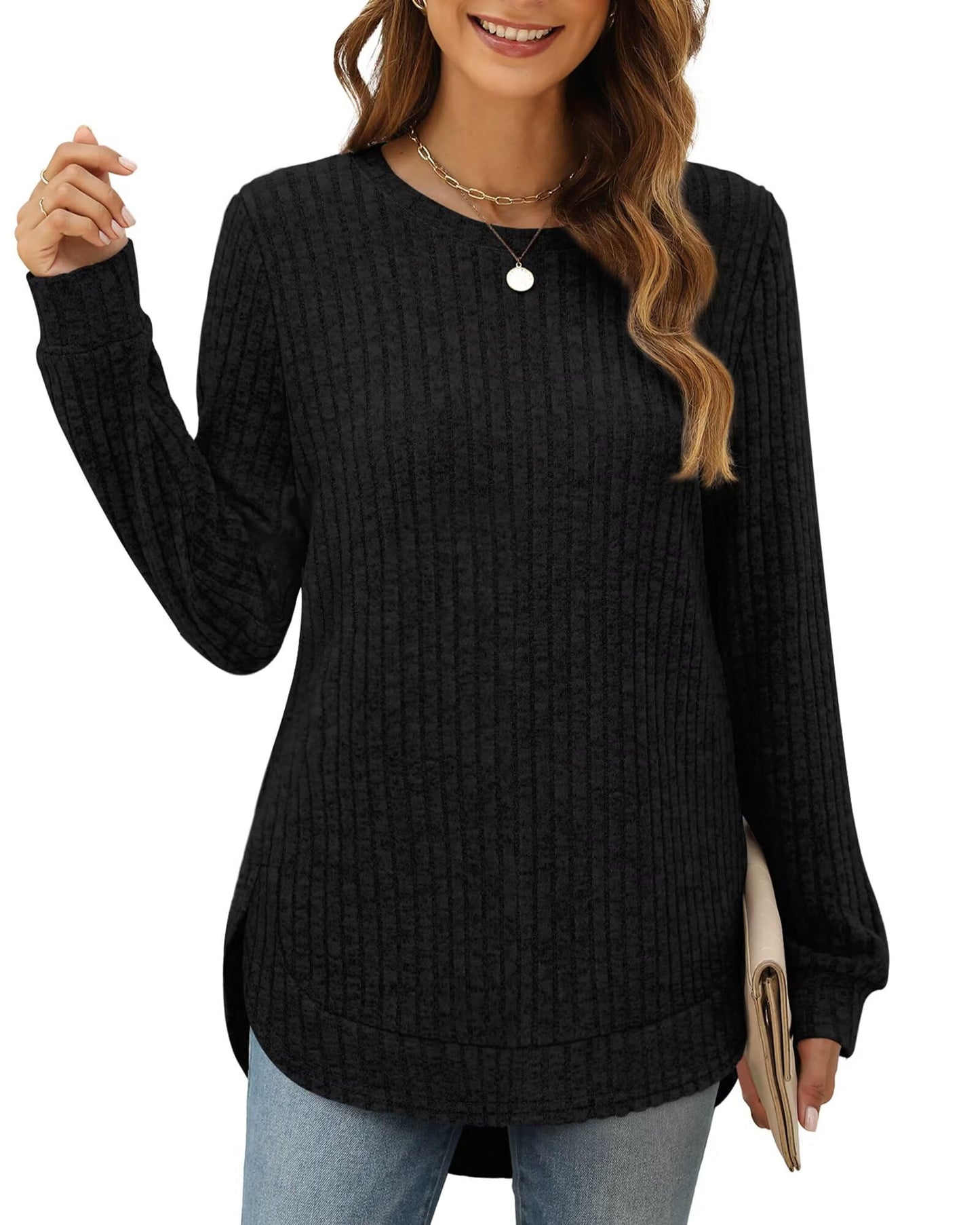 XIEERDUO Women's Pullover Sweater – Curved Hem Knit Sweatshirt