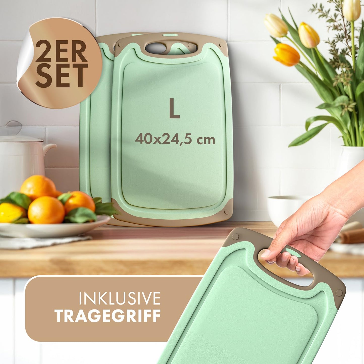 Blumtal Schneidebrett Set mit 3 Größen (S/M/L) - Schneidebrett Kunststoff groß + Saftrillen & Griff - Cutting Board - Küchenbrett BPA frei - Schneidbrett Spülmaschinenfest - Schneidebretter Grau