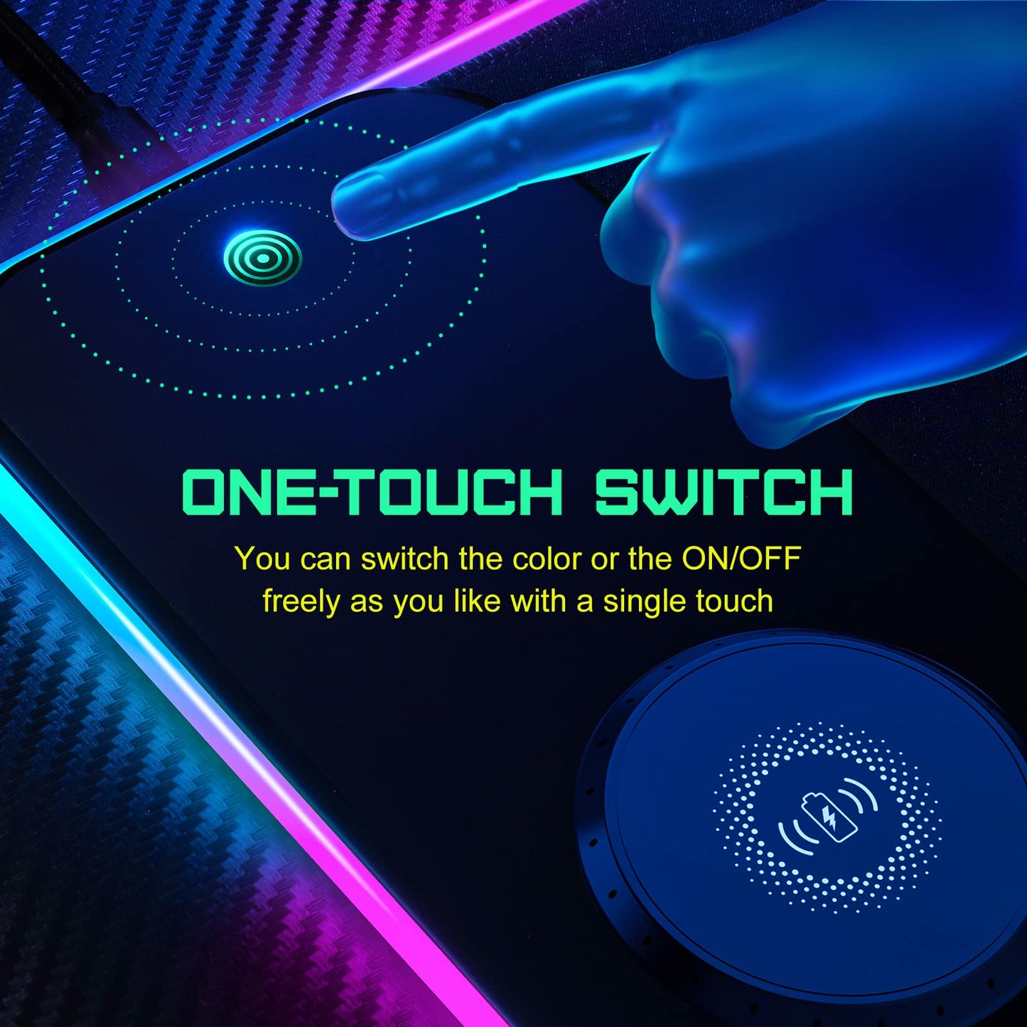 RGB Gaming Mauspad 15W Qi Mousepad LED, 10 Beleuchtungsmodi mit 15W Schnellladung Qi Kabelloses Laden für I-Phone Handy, Kopfhörer, Wasserdicht, rutschfest für Gaming, Schreibtische, PC und Büro