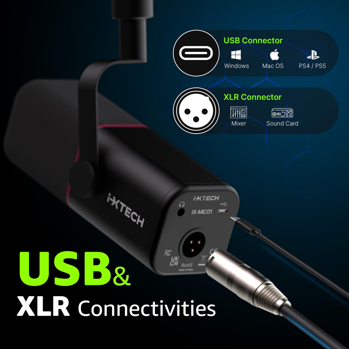 IXTECH Dynamisches Mikrofon mit Nierencharakteristik RGB Gesangsmikrofon USB XLR Studiomikrofon Software Stummschalttaste Microphone für Podcasting Streaming Aufnahme Gaming und Voice-Over Schwarz