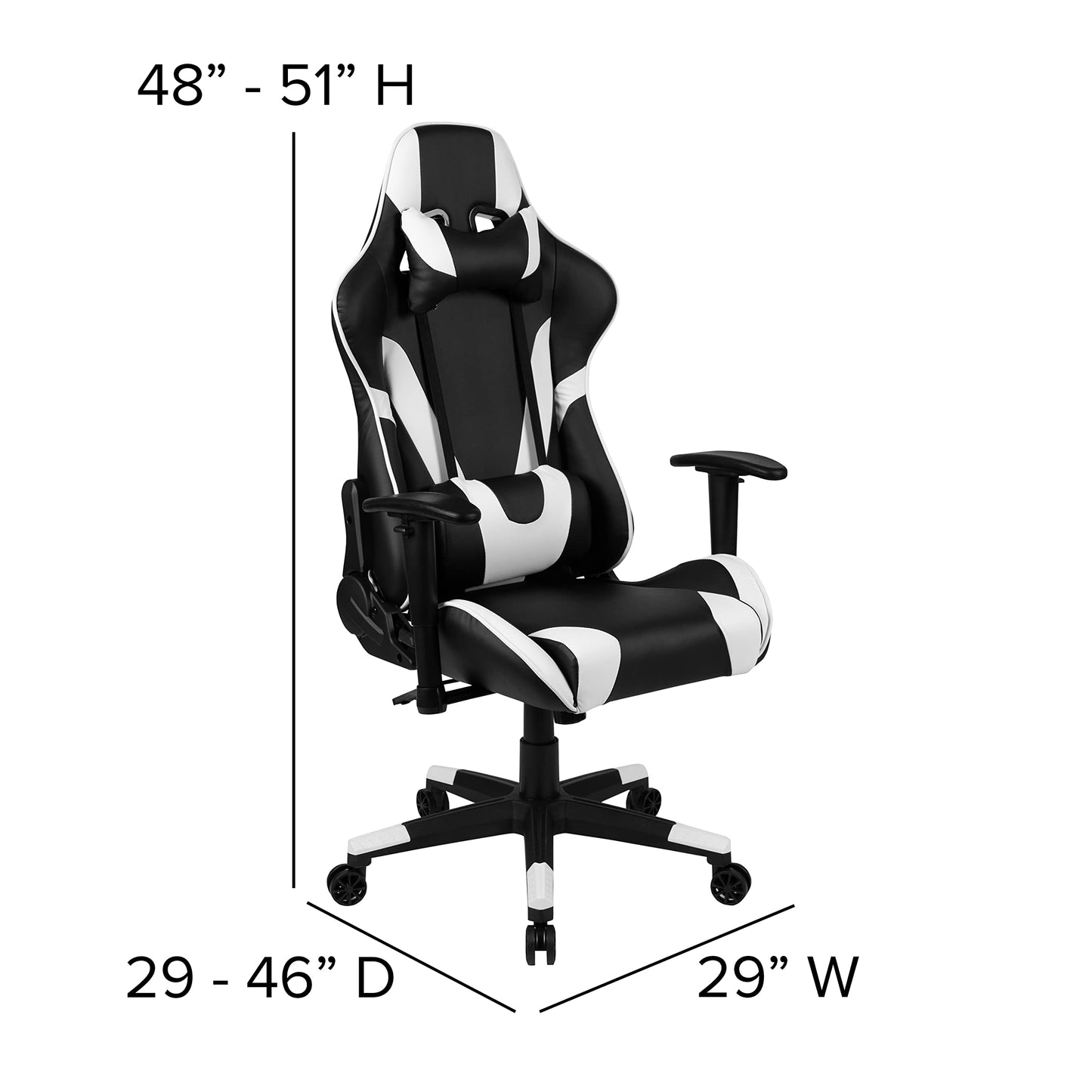 Flash Furniture X30 Gaming-Stuhl, ergonomischer Bürostuhl für PC- und Gaming-Setups, verstellbarer Rennsport-Stuhl mit vollständig verstellbarer Rückenunterstützung, schwarz mit weißer Verzierung