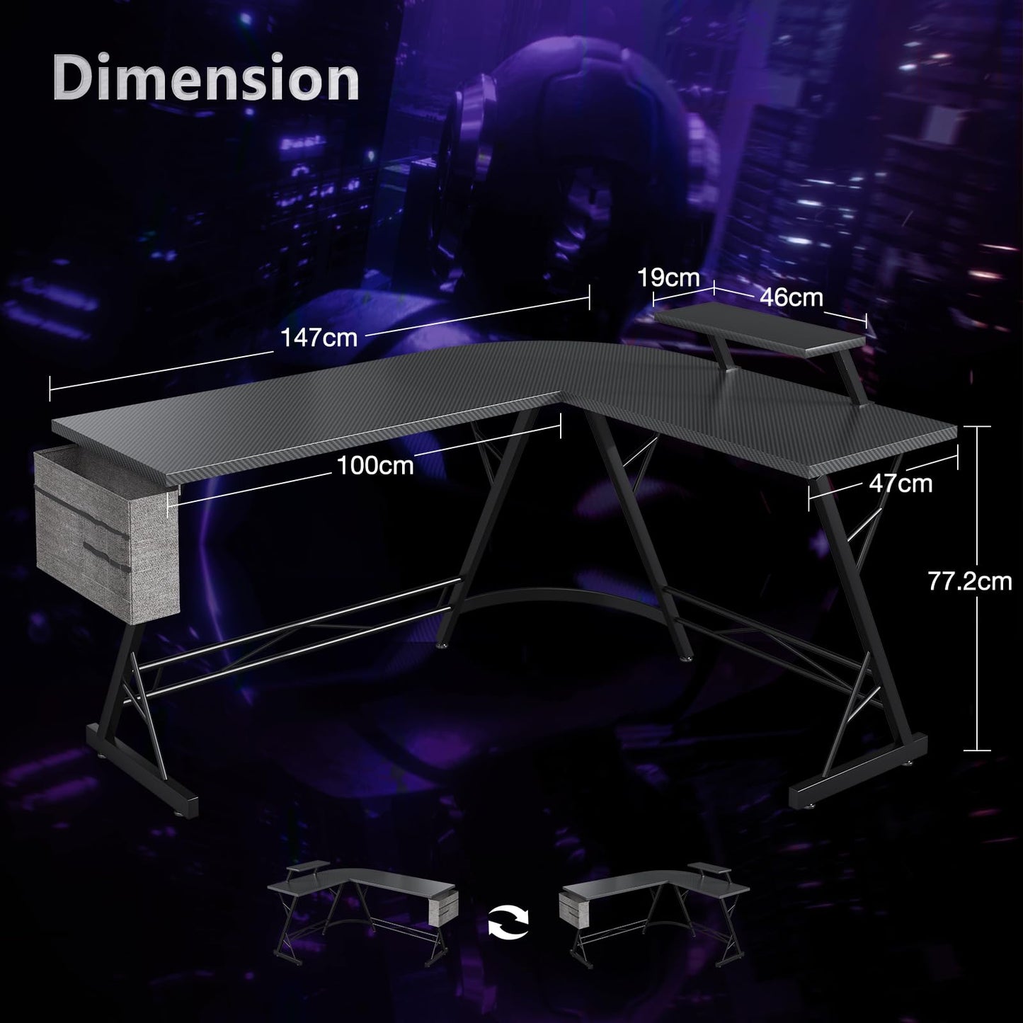 ODK Gaming Tisch, Gaming Schreibtisch Eckschreibtisch für Gamer, Schreibtisch L Form mit Monitorständer für Büro (Schwarz, 127 x 127 cm)