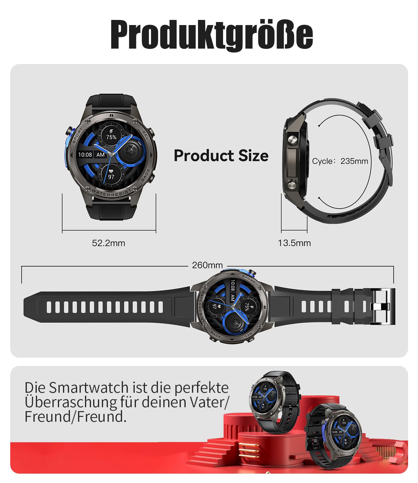 LIGE GPS Smartwatch Herren,1,43" HD AMOLED Smartwatch mit Telefonfunktion,Fitnessuhr,Gunmetal Militär Uhr mit 170+ Sportmodi,Herz-/Schlaftracking/Kompass,5ATM Wasserdicht Sportuhr für iOS/Android