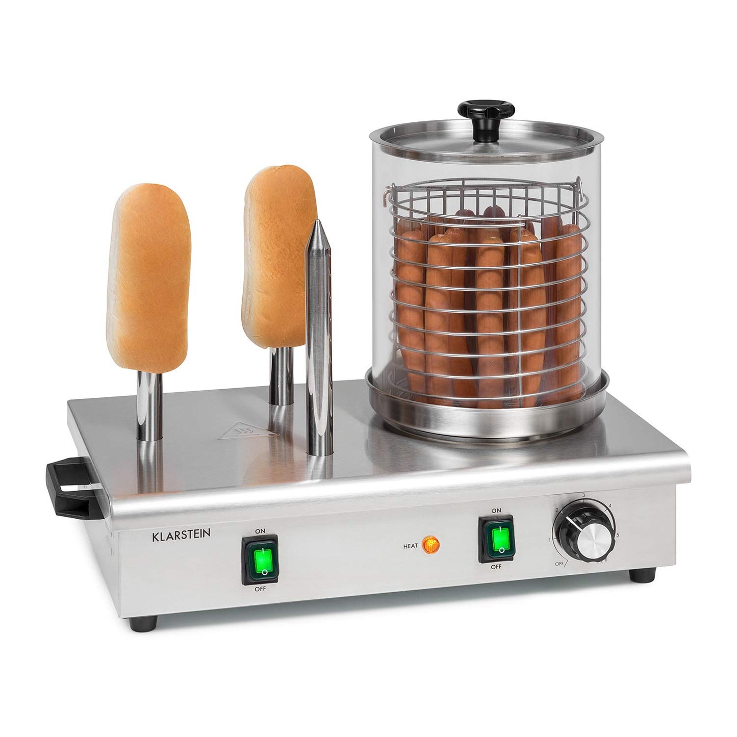 Klarstein Wurstfabrik Pro 550 Hot Dog Maker, 550 Watt, 2 Heizspieße, Temperaturregler 30-100 °C, Glaszylinder: Ø 20 cm, Edelstahlkäfig: Ø 17 cm, Edelstahlgehäuse,Profi Würstchenkocher, silber