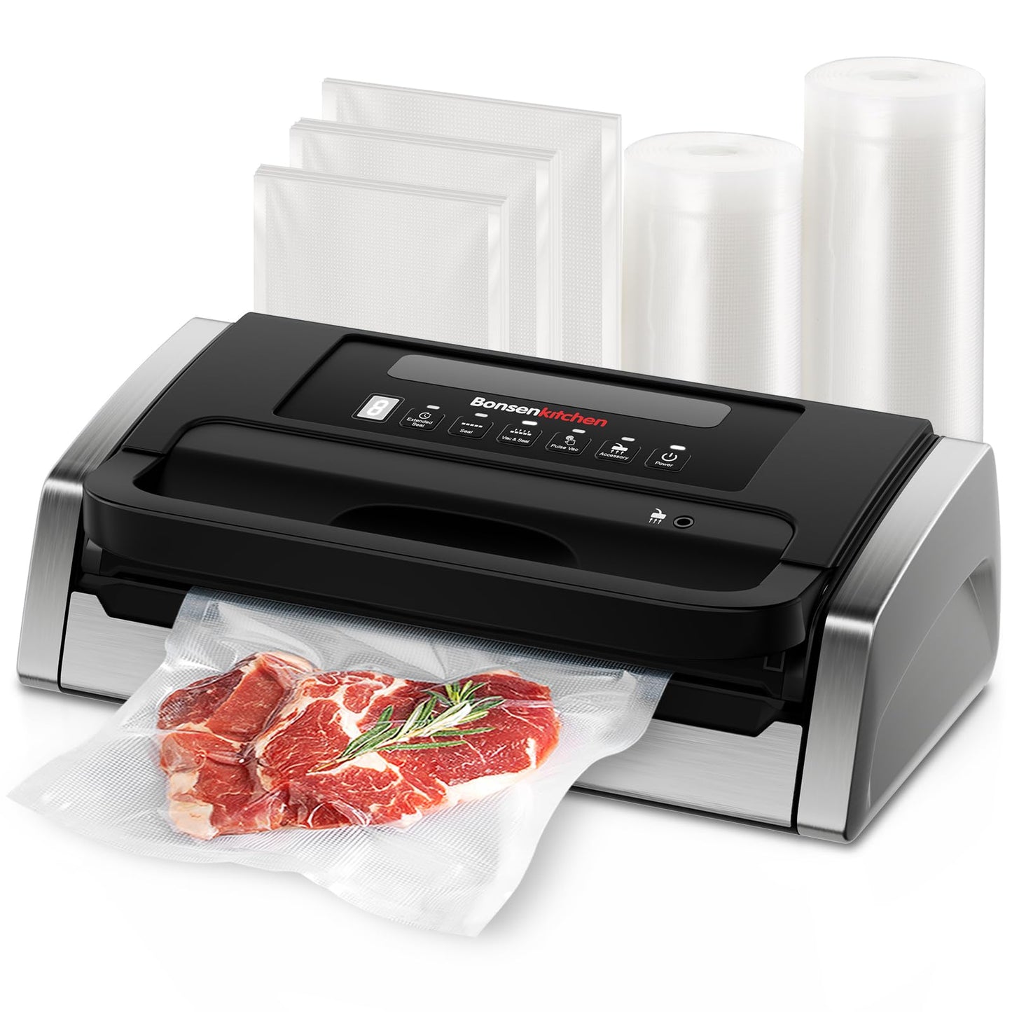 Bonsenkitchen Vakuumiergerät, Vakuumierer, Einschließlich 2 Rollen Vakuumrollen, Design mit Griffverriegelung, leistungsstarker geräuscharmer mit Globefish-Technologie, integrierter Schneider