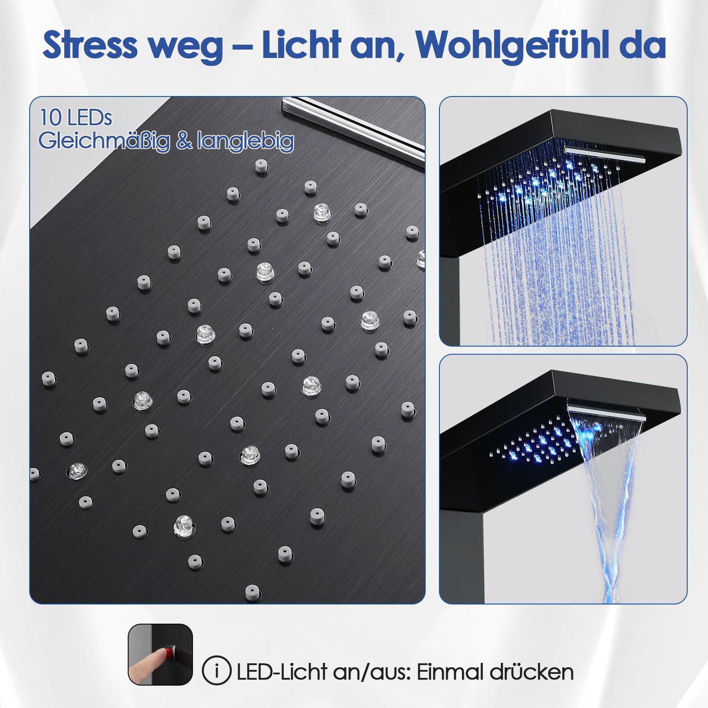 LED Duschpaneel mit Thermostat, OUGOO 6 Funktionen Duschpaneel mit Armatur, Regendusche, Wasserfalldusche, 2-Typ-Massagedüsen, Handbrause und Badewanneneinlauf, 304 Edelstahl, Schwarz