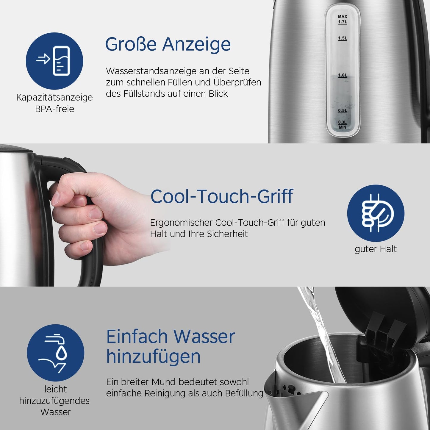 Midea Wasserkocher mit Temperatureinstellung (40, 60, 70, 80, 90, 100 Degree C),Edelstahl 1,7 Liter,Kettle 2200W mit Sichtfenster, Warmhaltefunktion für 60 Min