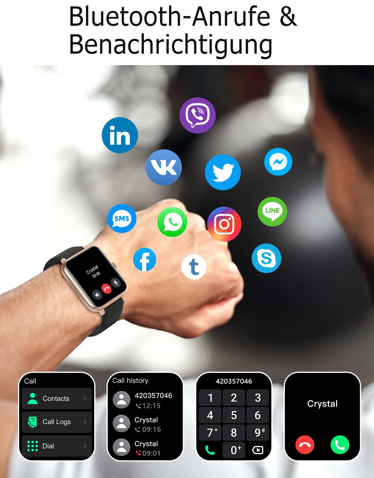 GRV Smartwatch für Damen Herren mit Telefonfunktion,Fitnessuhr mit Pulsmesser SpO2 Schlafmonitor Schrittzähler IP68 Wasserdicht,Multi Sportmodi Smart Watch Fitness Tracker für iOS Android Handy