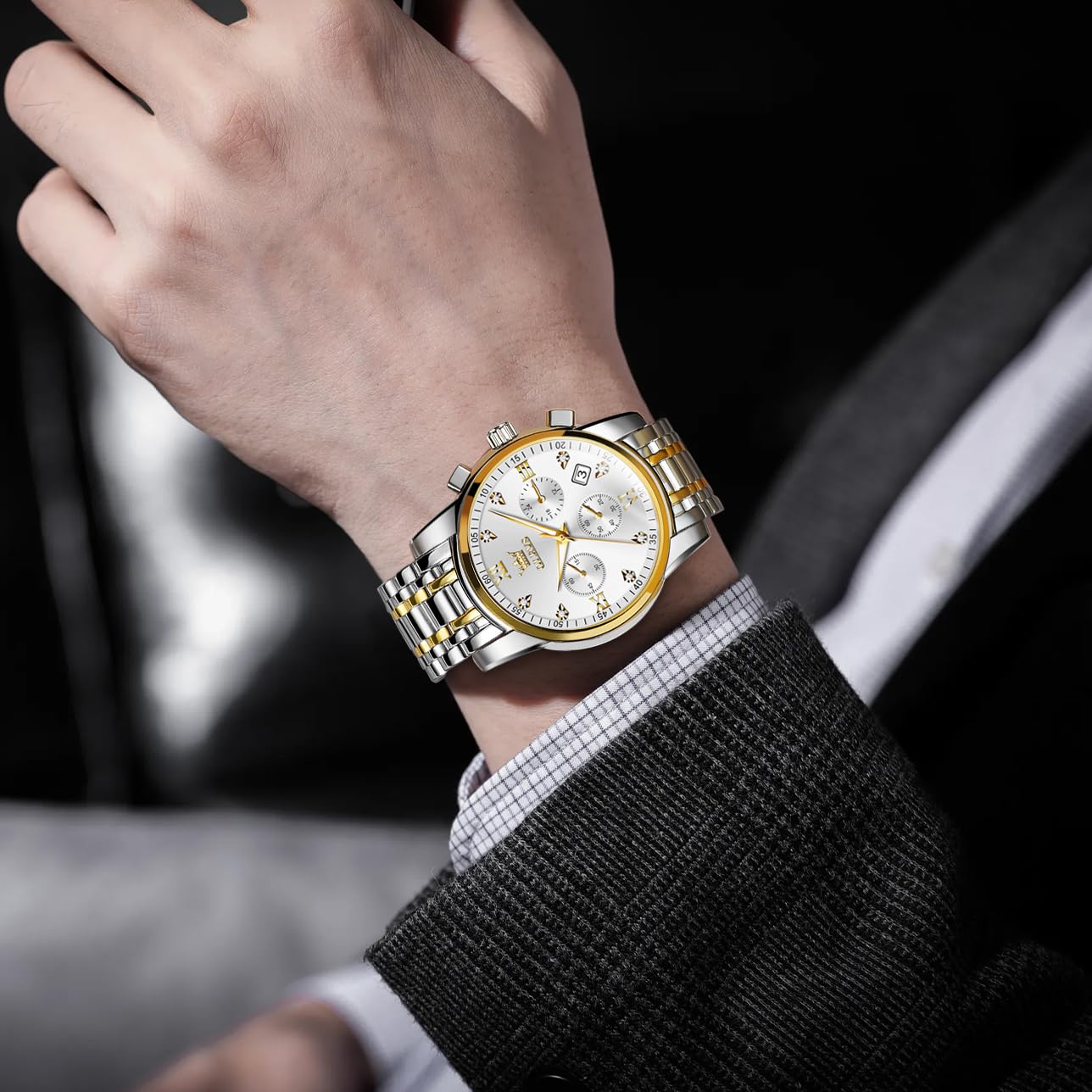 OLEVS Uhren Herren, Edelstahl Analoger Quarzuhr, Multifunktionale Diamanten Herrenuhren, Klassisches Luxuskleid Herrenuhr