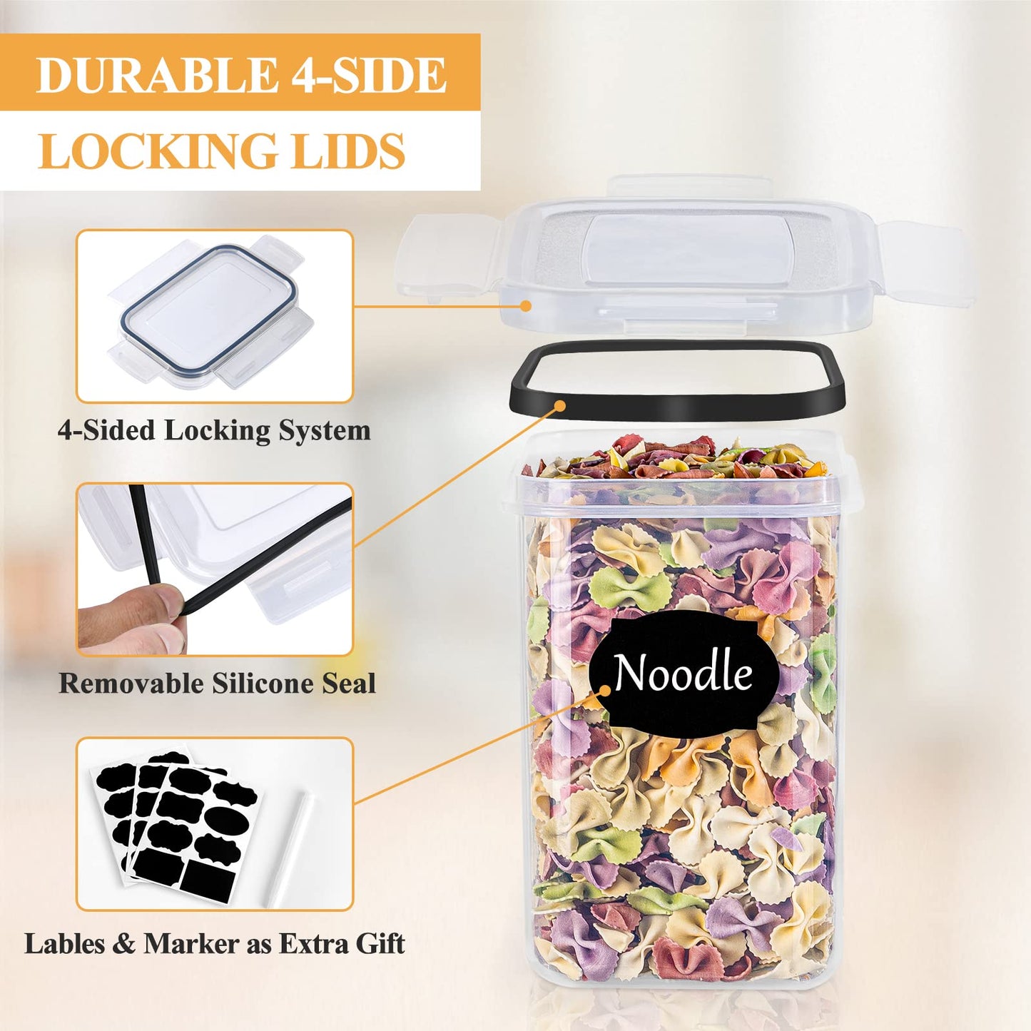 Storage Jars with Lid, Airtight, Large, 4 L, Set of 4, BPA-Free, Storage Box, Kitchen, Moth-Proof Kitchen Organiser, Flour, Spaghetti Cornflakes, Cereal Storage, Storage Container with Labels