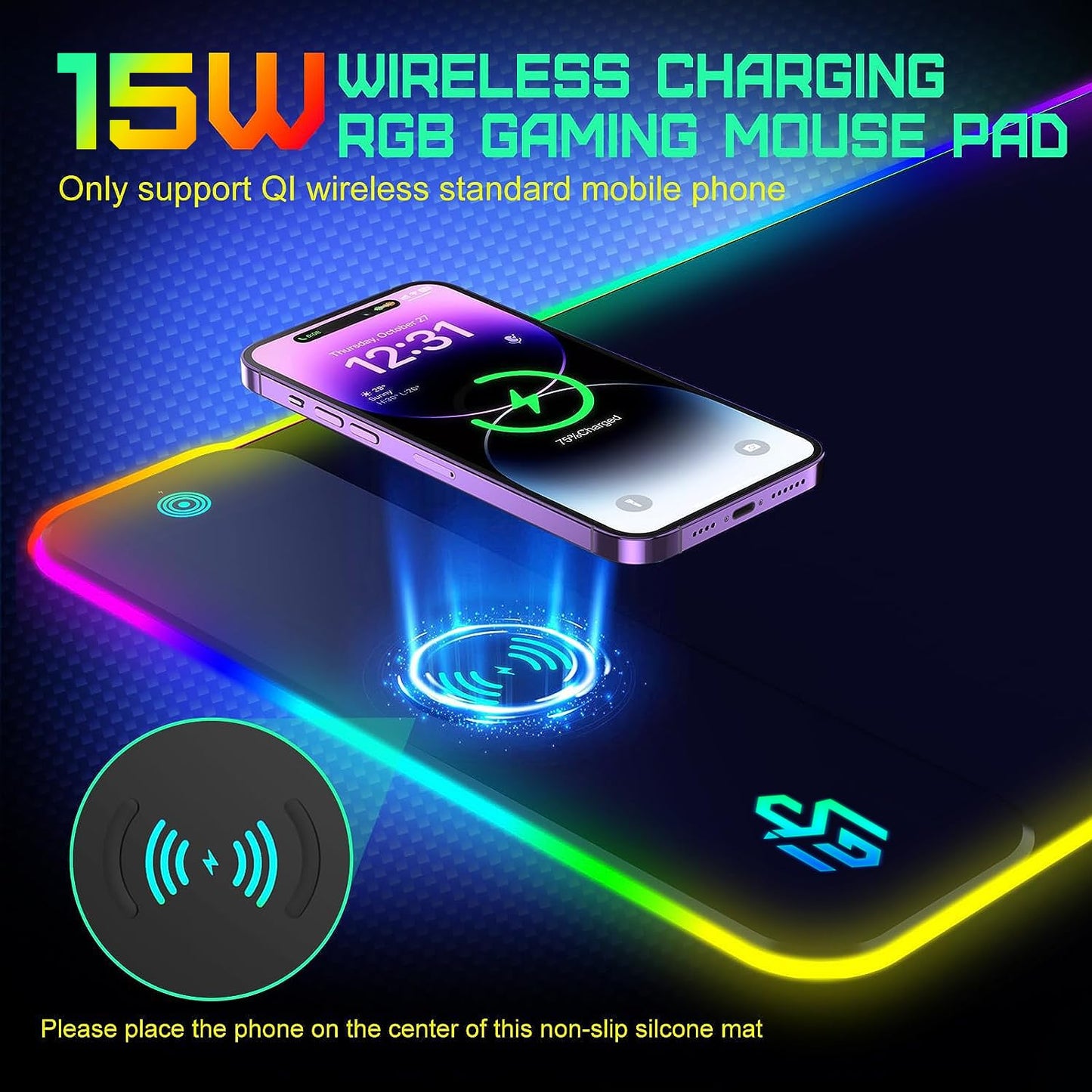 RGB Gaming Mauspad 15W Qi Mousepad LED, 10 Beleuchtungsmodi mit 15W Schnellladung Qi Kabelloses Laden für I-Phone Handy, Kopfhörer, Wasserdicht, rutschfest für Gaming, Schreibtische, PC und Büro
