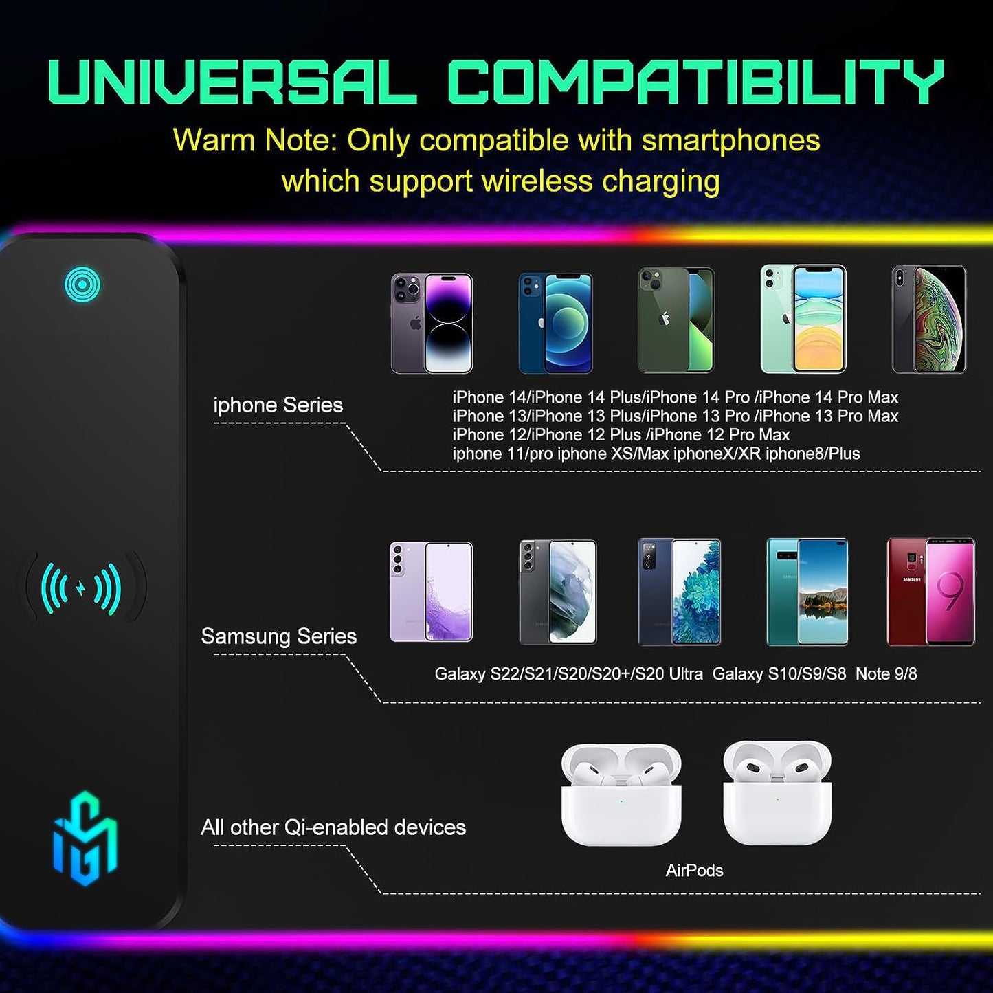 RGB Gaming Mauspad 15W Qi Mousepad LED, 10 Beleuchtungsmodi mit 15W Schnellladung Qi Kabelloses Laden für I-Phone Handy, Kopfhörer, Wasserdicht, rutschfest für Gaming, Schreibtische, PC und Büro