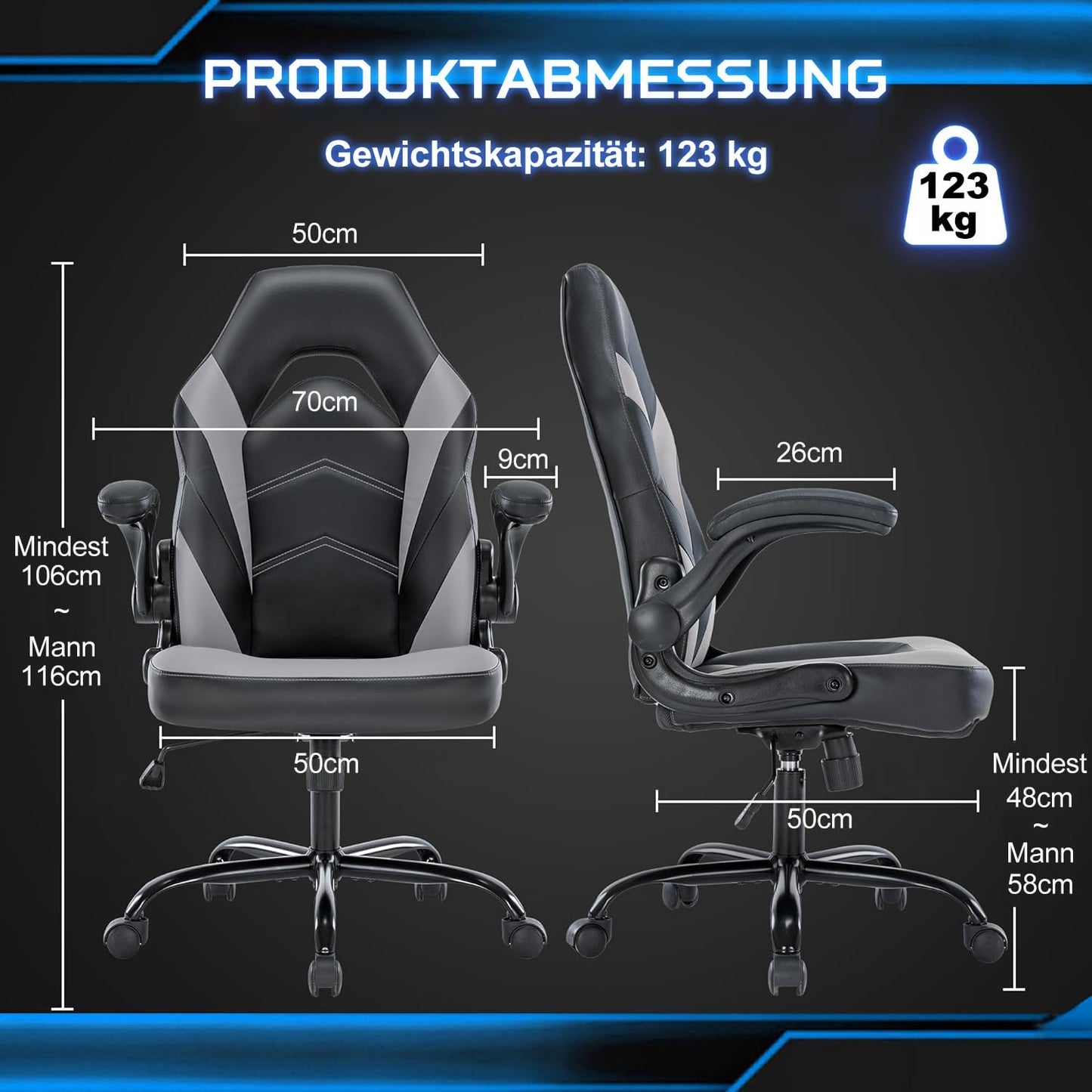 DUMOS Gaming Chair - Ergonomic Gaming Chair, Adjustable Swivel Gaming Chair Made of PU Leather with Folding Armrests, Suitable for Home, Offices etc. (Black-Gray)