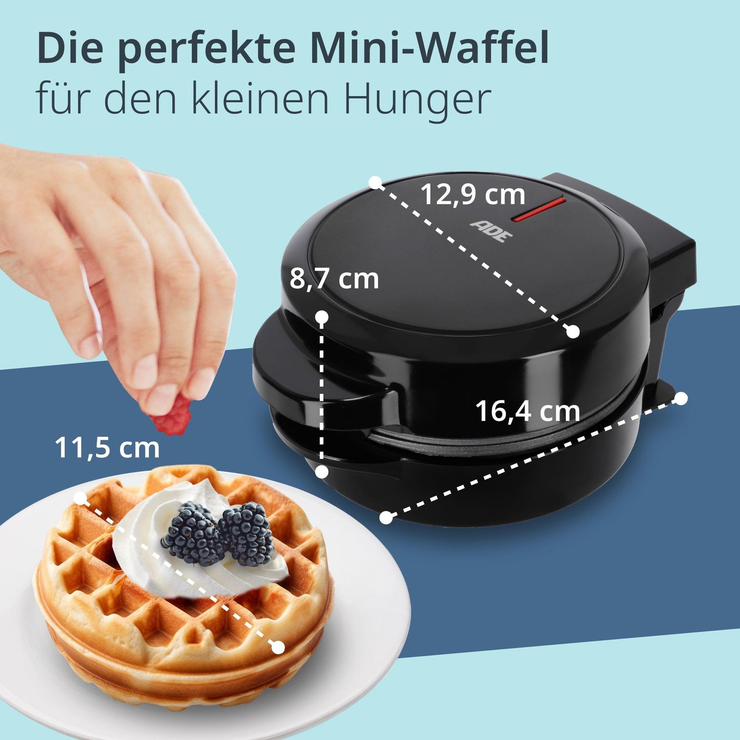 ADE Mini Waffeleisen Herzform | belgische Waffel | perfekt für eine Person, Party, Kindergeburtstag | hochwertige Antihaftbeschichtung | 550 W | schwarz