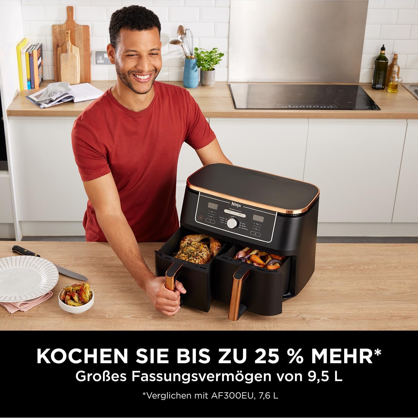 Ninja Foodi MAX Dual Zone Heißluftfritteuse, 9,5L Airfryer, 2 Fächer, mit Zange, Antihaftbeschichtung, spülmaschinenfeste Körbe, 6-in-1, Kupfer/Schwarz