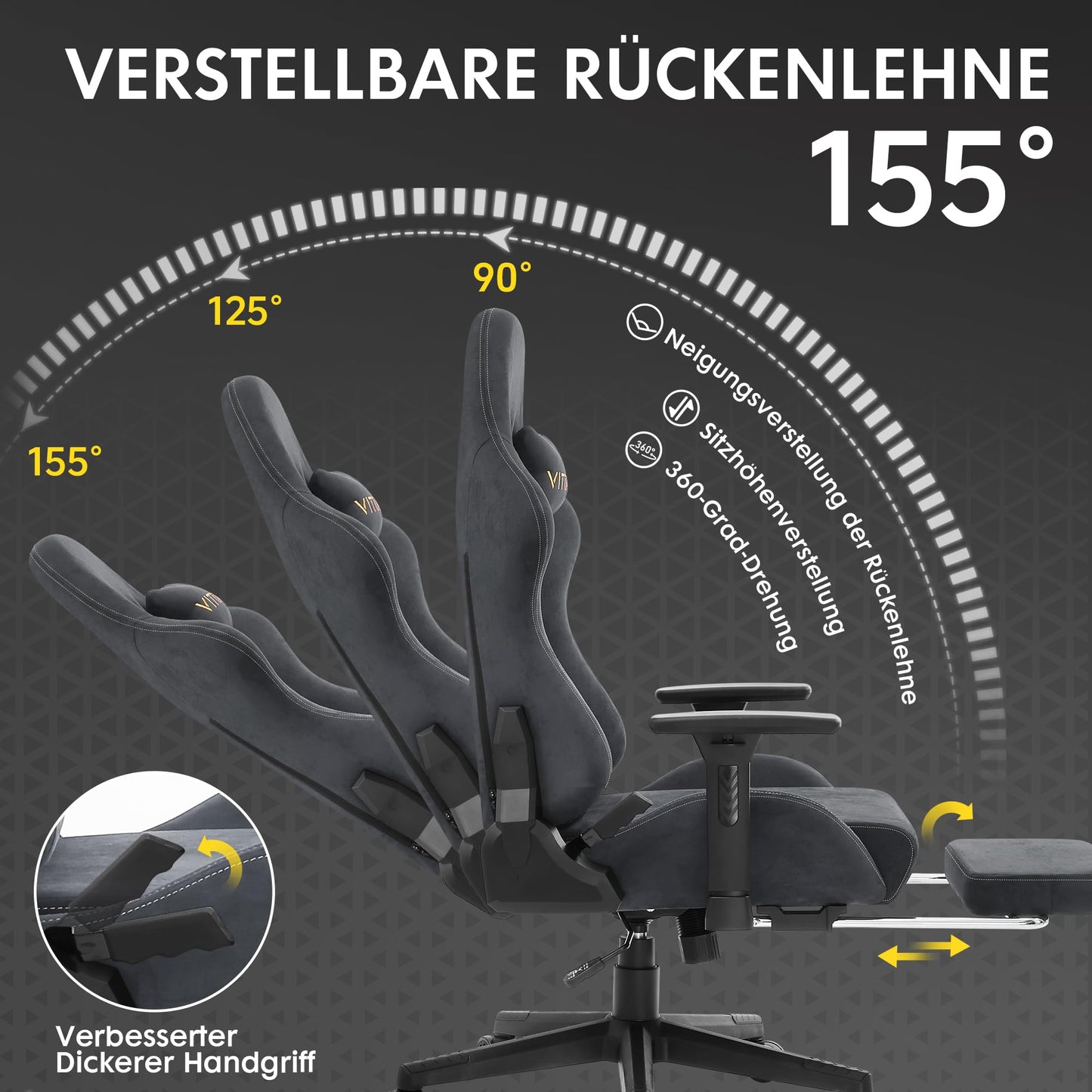 Vittanly Gaming Chair, Luxurious Breathable Imitation Suede Office Chair Gaming Chair, Ergonomic Gamer Chair with Footrest Headrest and Lumbar Cushion, 3D Armrests, 90-155° Backrest, Gray