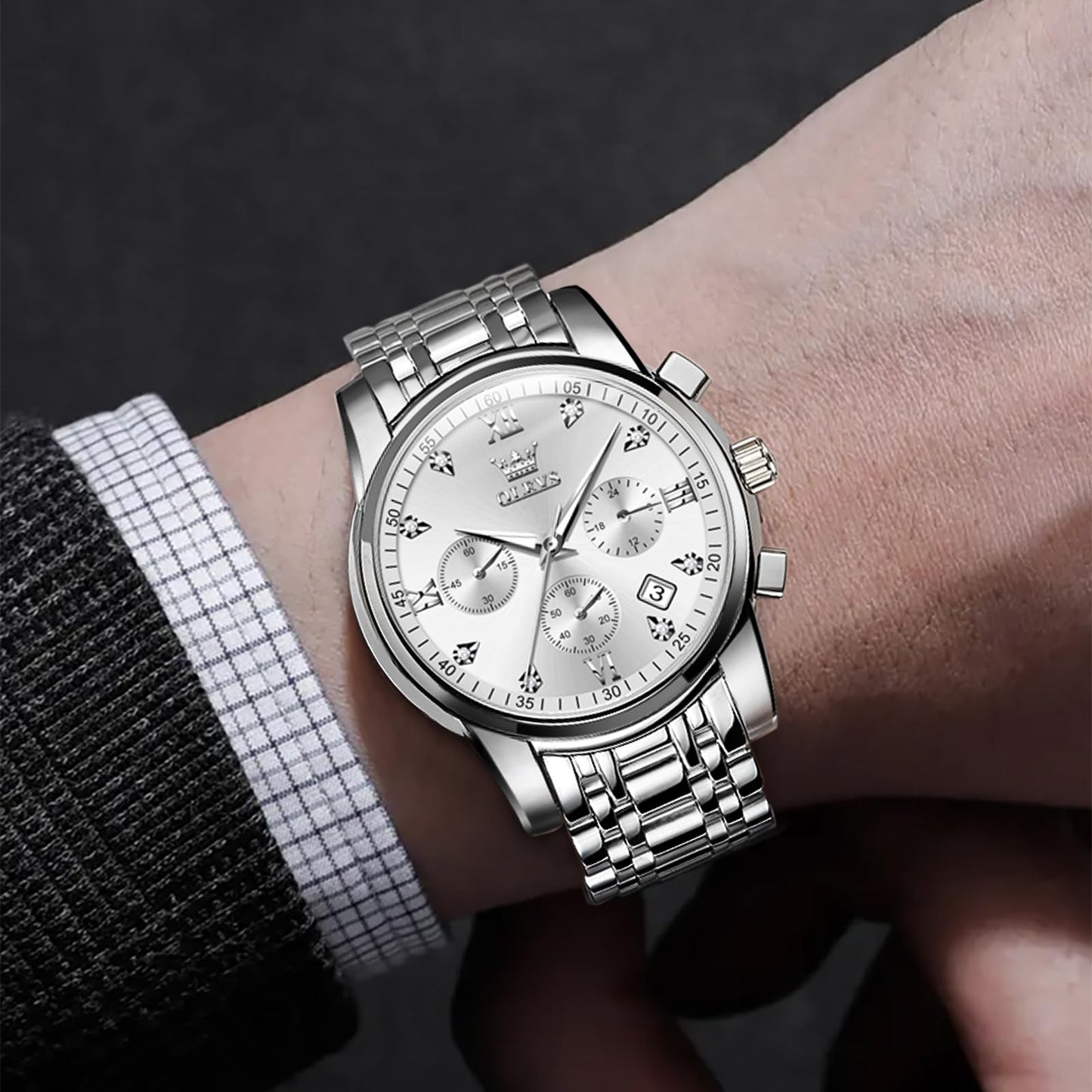 OLEVS Uhren Herren, Edelstahl Analoger Quarzuhr, Multifunktionale Diamanten Herrenuhren, Klassisches Luxuskleid Herrenuhr