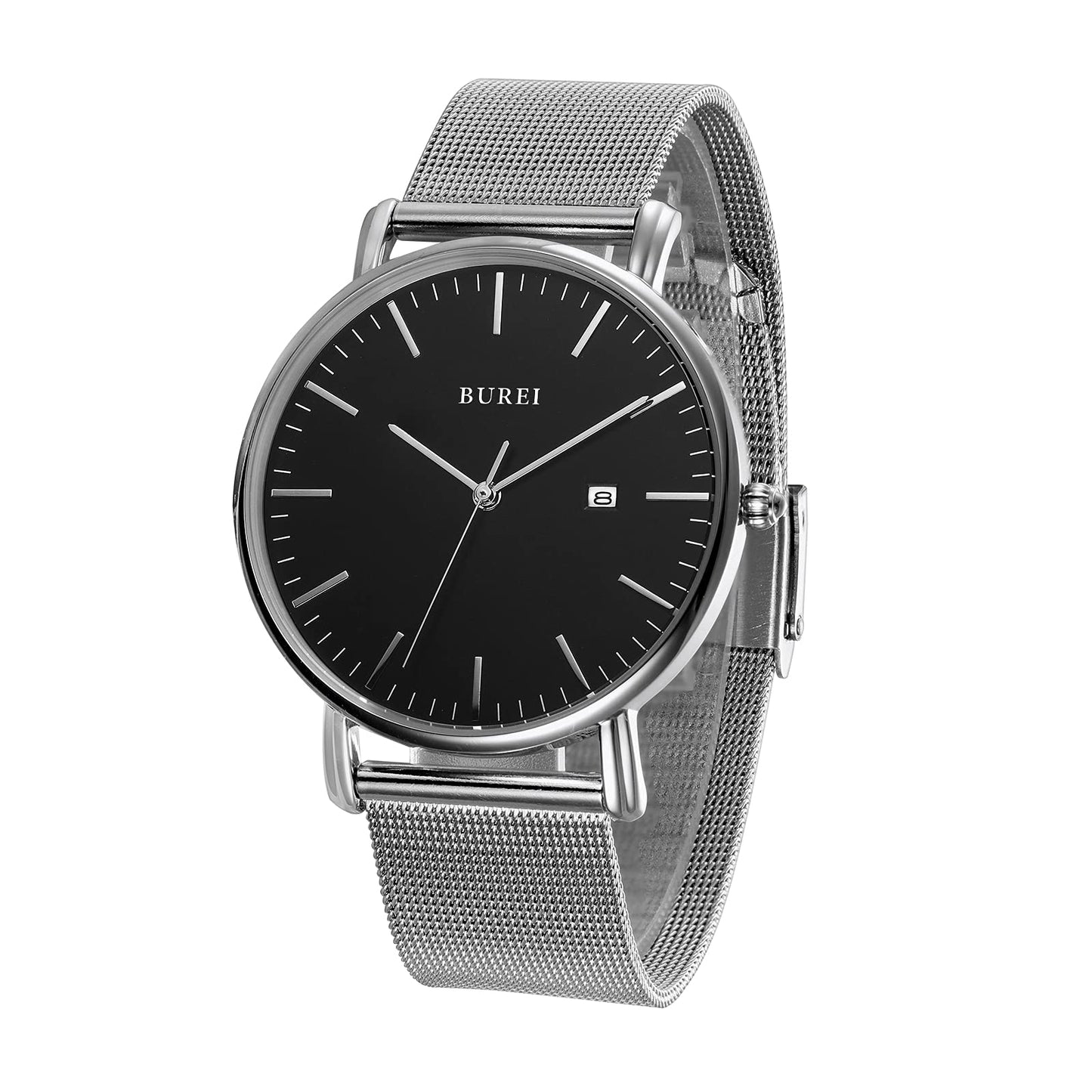 BUREI Ultra Dünne Uhren Herren Schwarze Analoges Datum Armbanduhr Herren mit Japanisches Quarzwerk, Geschenke für Männer