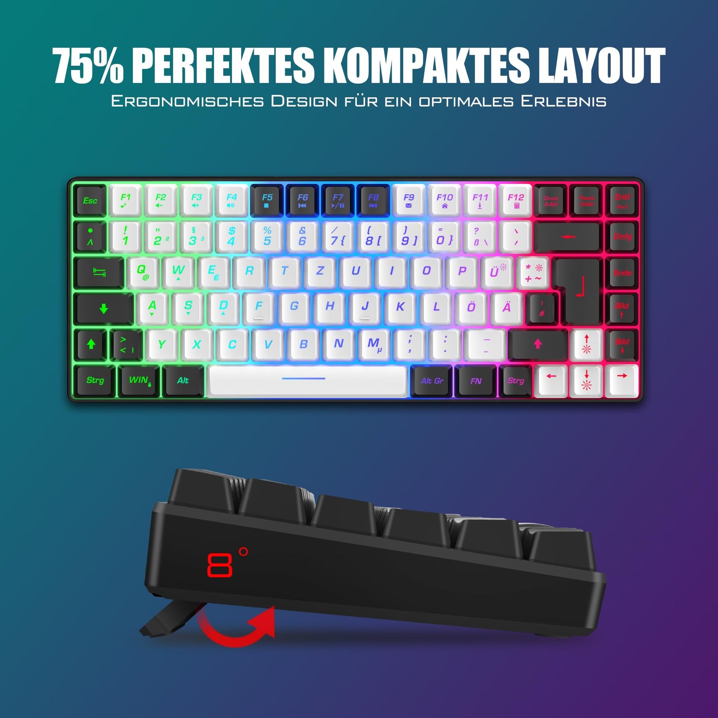 RedThunder 75% Kabelloses Gaming Tastatur und Maus Set, QWERTZ DE Layout, 85 Tasten TKL Wiederaufladbare Kompakte Tastatur, Ultraleichte 7200DPI-Maus mit Wabenkonstruktion für PC MAC PS5 Xbox Gamer