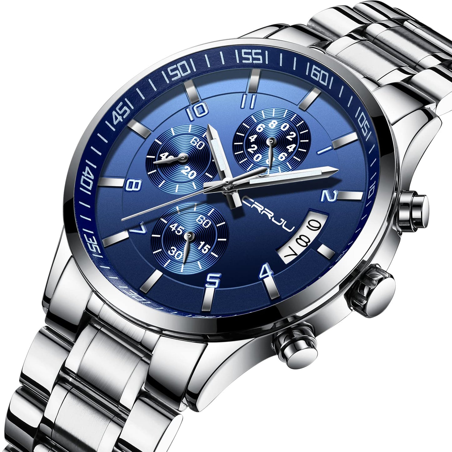CRRJU Herren Uhr Business Edelstahl wasserdichte Chronographen mit Kalender Armbanduhr Edelstahlband Stoppuhr Analog Quarzuhr