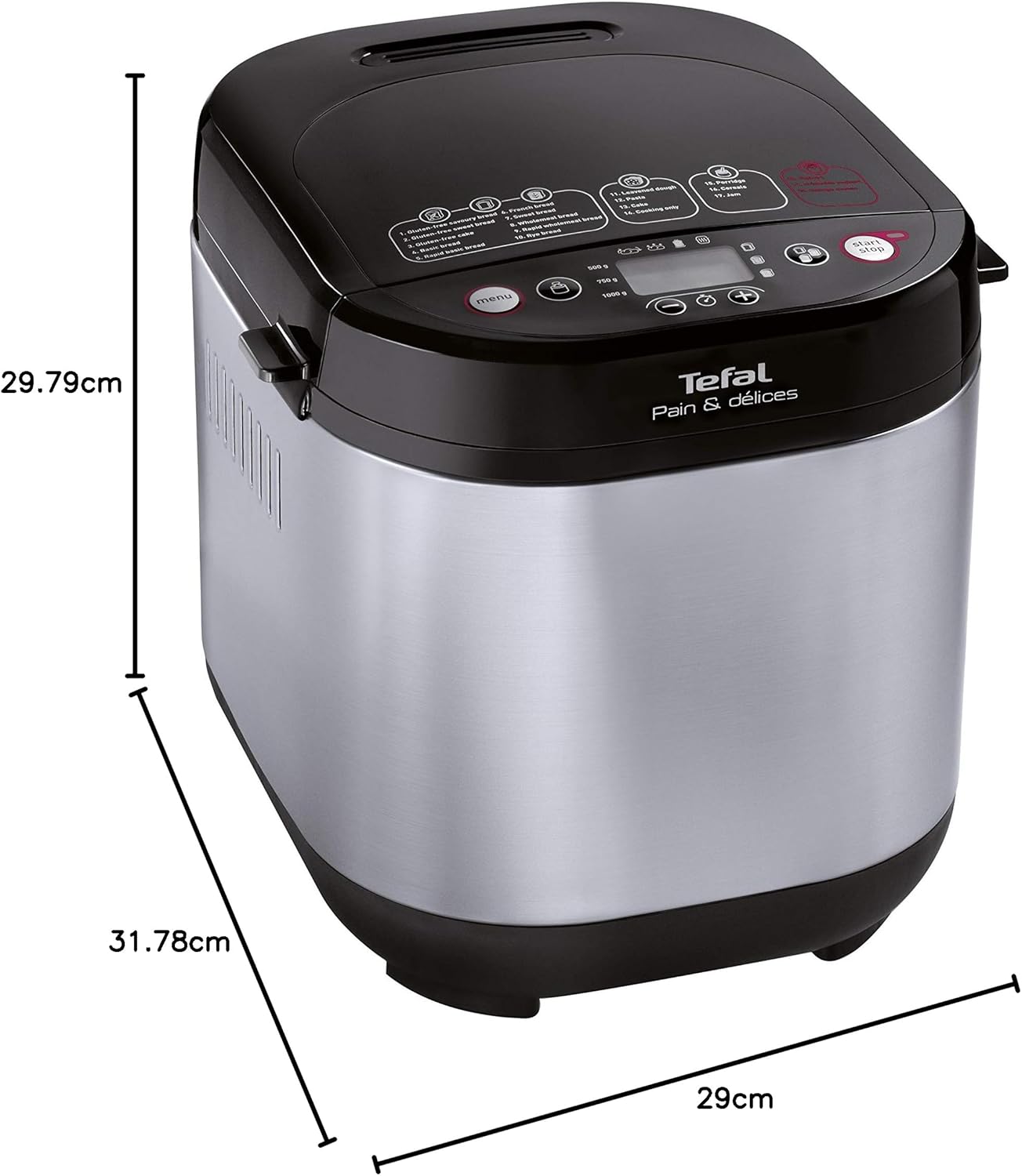 Tefal Brotbackautomat Pain & Délices, 20 Backprogramme, 3 Brotgrößen und Bräunungsstufen einstellbar, auch für Kuchen - Pizza - Nudelteig, Backform antihaftbeschichtet, schwarz/Edelstahl