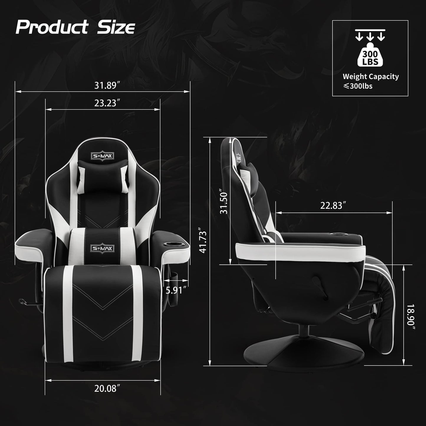 S*MAX Gaming Stuhl mit Fußstütze Gaming Sessel hoher Rückenlehne mit Verstellbarer Rückenlehne Becherhalter Seitentasche Gaming Stühle für Erwachsene Schwarz