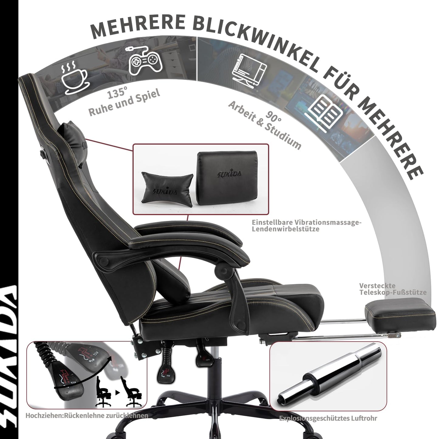 SUKIDA Gaming Stuhl Computerstuhl Ergonomischer Gaming Chair mit Fußstütze Bürostuhl Ergonomischer Computerstuhl mit Lendenwirbelstütze Schwarz