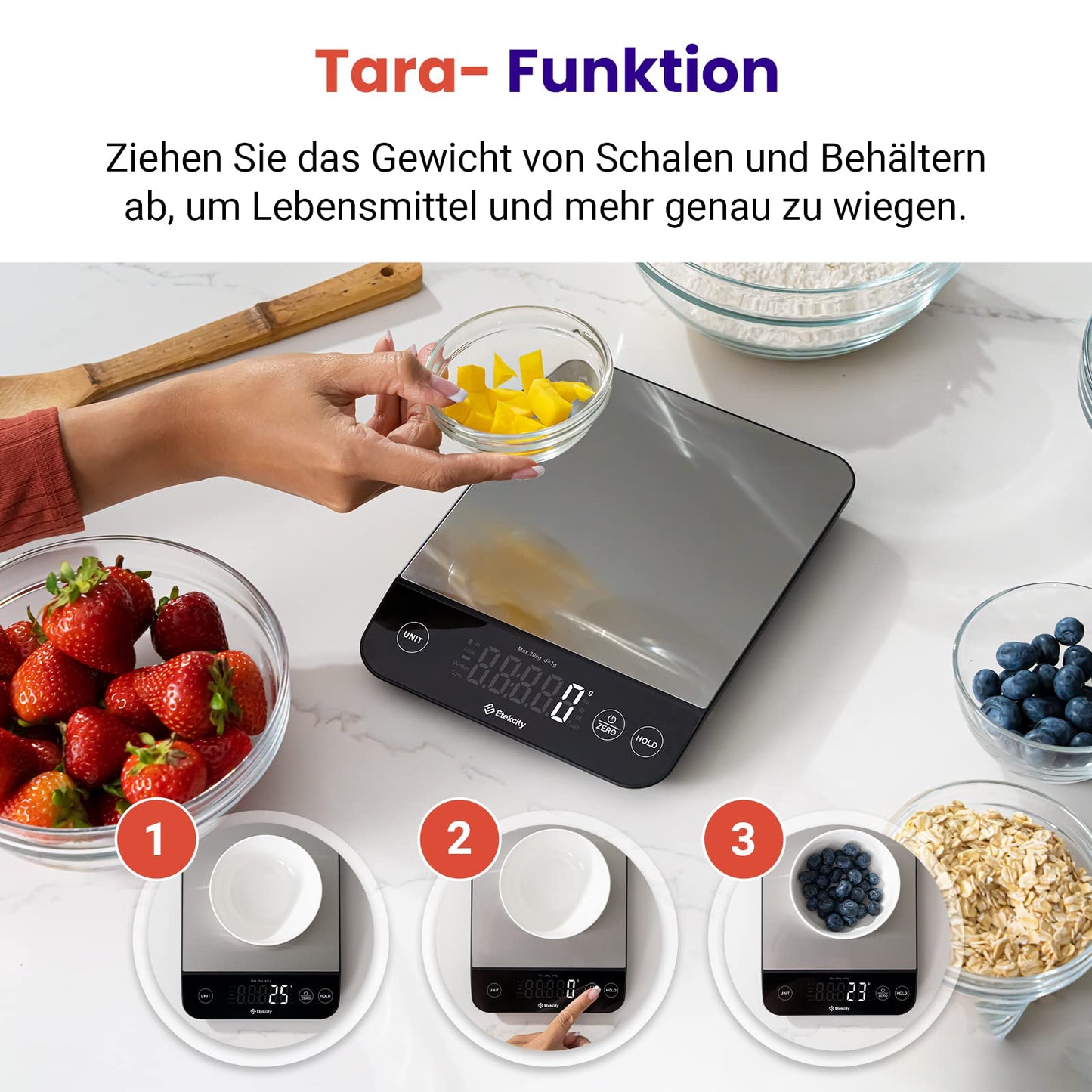 ETEKCITY Küchenwaage, digital 5KG mit großem LCD-Display,Digitalwaage, Briefwaage mit Großer Edelstahl Wiegefläche, Flüssigkeitsmessung, hohe Präzision auf bis zu 1g, Tara-Funktion, Silber