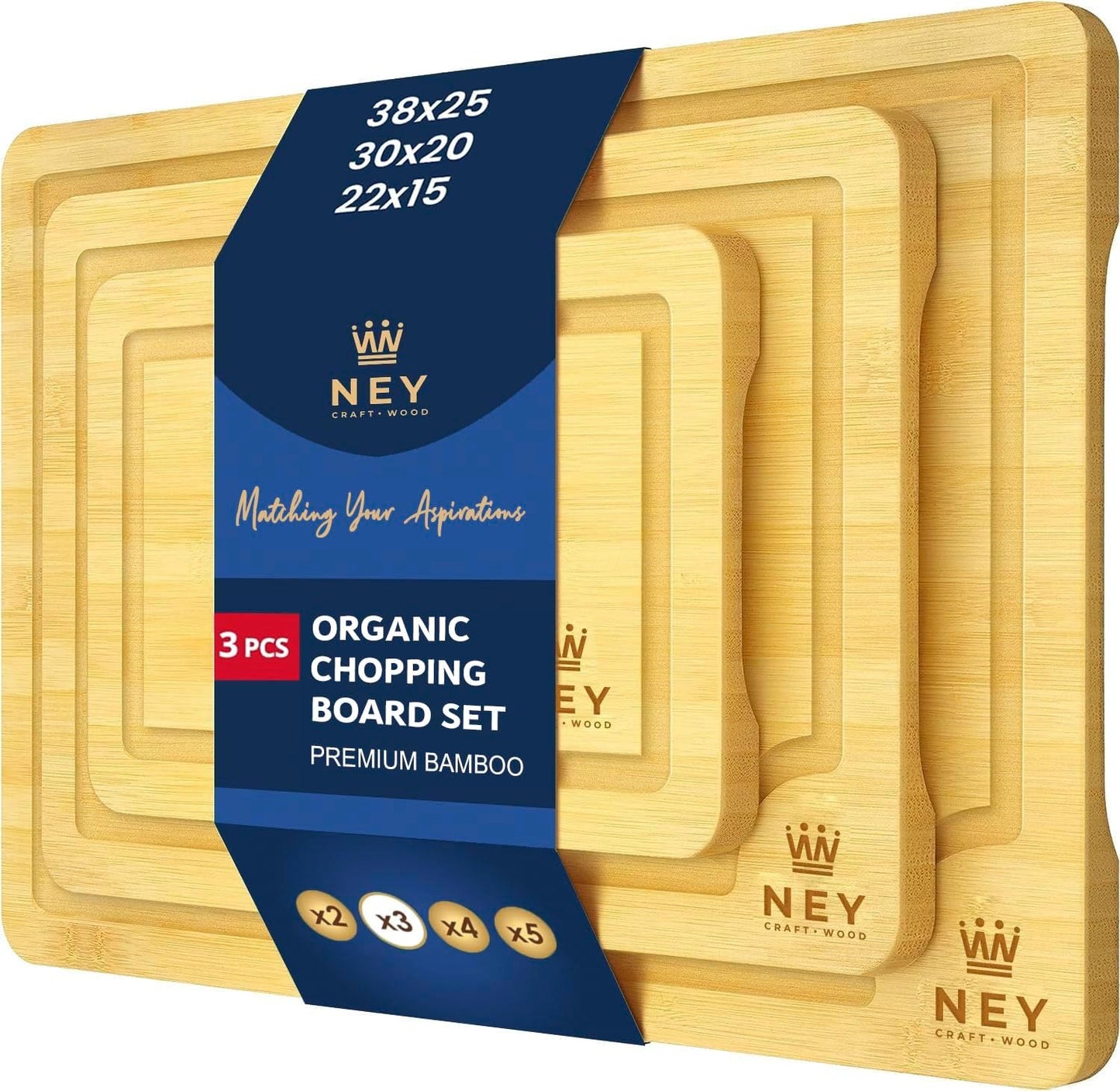 Bambus Schneidebrett Holz (3er Set) Wooden Cutting Board (38x25 / 30x20 / 22x15cm) Perfekte Holzschneidebrett für Brot, Fleisch, Obst