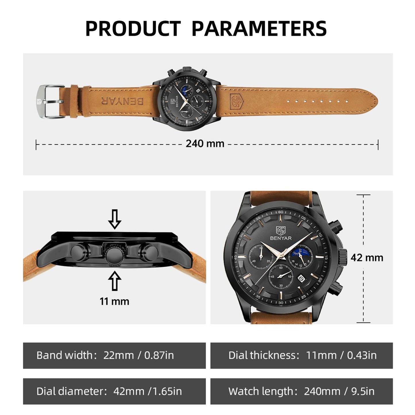 BY BENYAR Uhren Herren Chronograph Analog Quarz Wasserdicht Armbanduhr Herren Mode Lässig Business Herrenuhr mit Kalender Lederarmband/Edelstahlarmband Uhr Geschenk für Männer