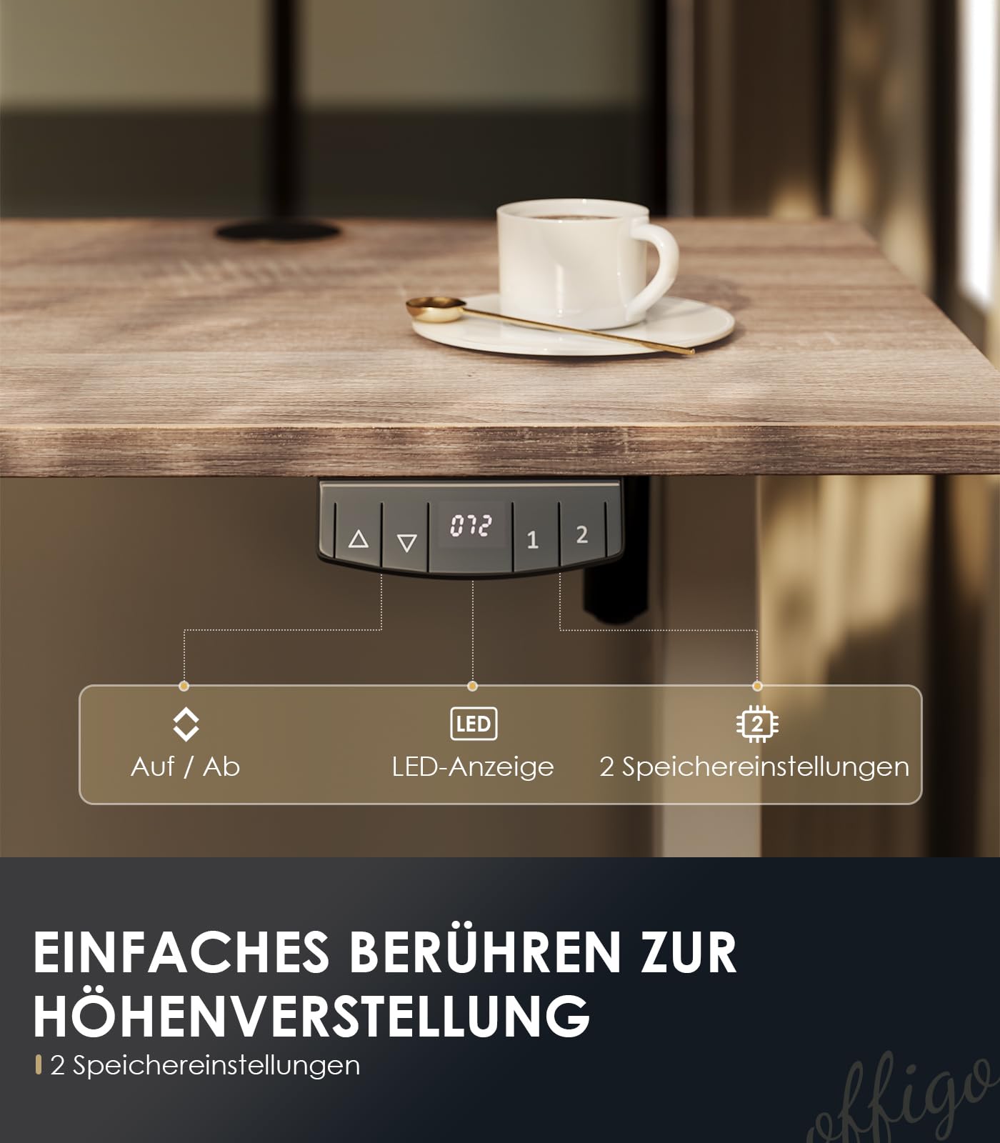 OffiGo Höhenverstellbarer Schreibtisch, 120 cm Elektrischer Schreibtisch, Ergonomischer Tisch mit Memory-Funktion, Gaming Tisch Höhenverstellbar, Moderner Computertisch für Zuhause und Büro, Weiß