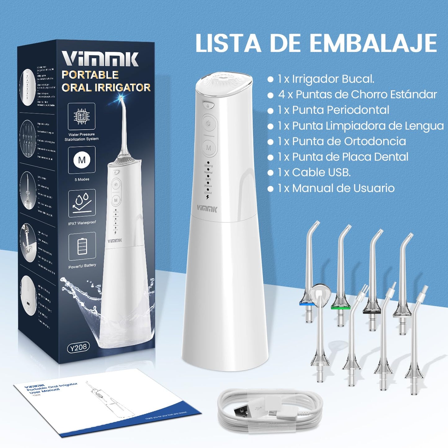 Munddusche Kabellos Elektrischer Zahnreiniger, Vimmk Zahndusche Water Flosser 5 Modi & 8 Düsen USB-C Wiederaufladbare Wasser Flosser IPX7 Wasserdicht, 300ML Wassertank Mund Reiniger(Schwarz)
