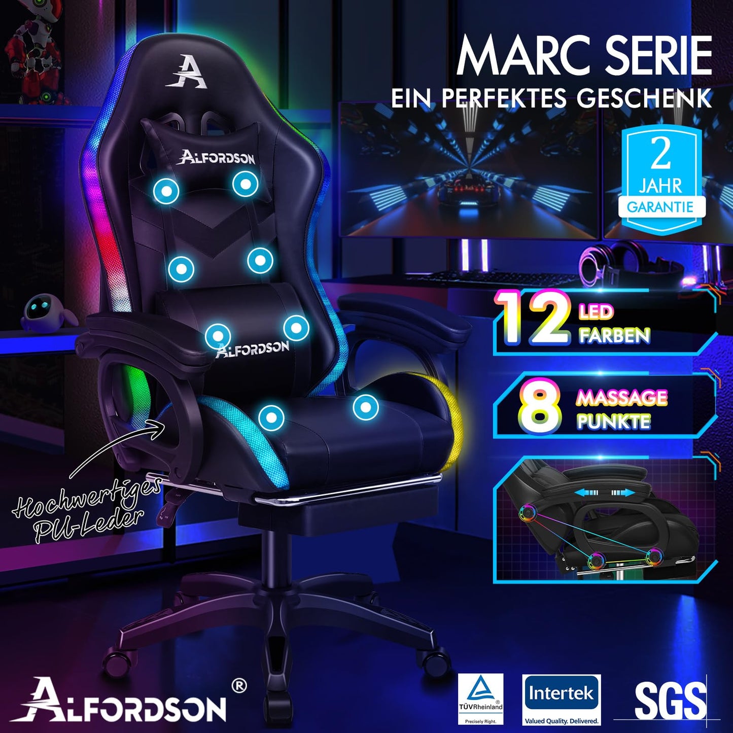 ALFORDSON Gaming Stuhl mit 8-Punkt Massage 12 Farben RGB LED-Licht, Bürostuhl Ergonomisch mit fußstützen, Kopfstütze Lendenkissen für Kinder Erwachsene, Schwarz