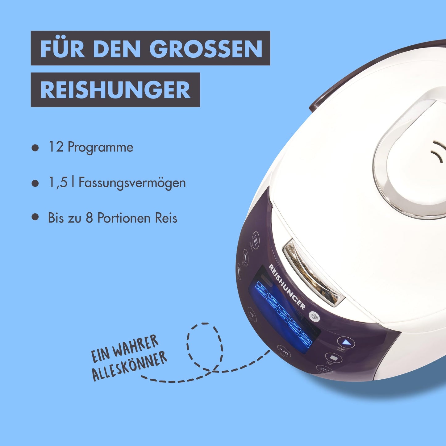 REISHUNGER Digitaler Reiskocher & Dampfgarer Grau | 1,5 L bis 8 Personen | Warmhaltefunktion, Timer & Premium Innentopf | Multikocher, 12 Programme, 7-Phasen-Technologie