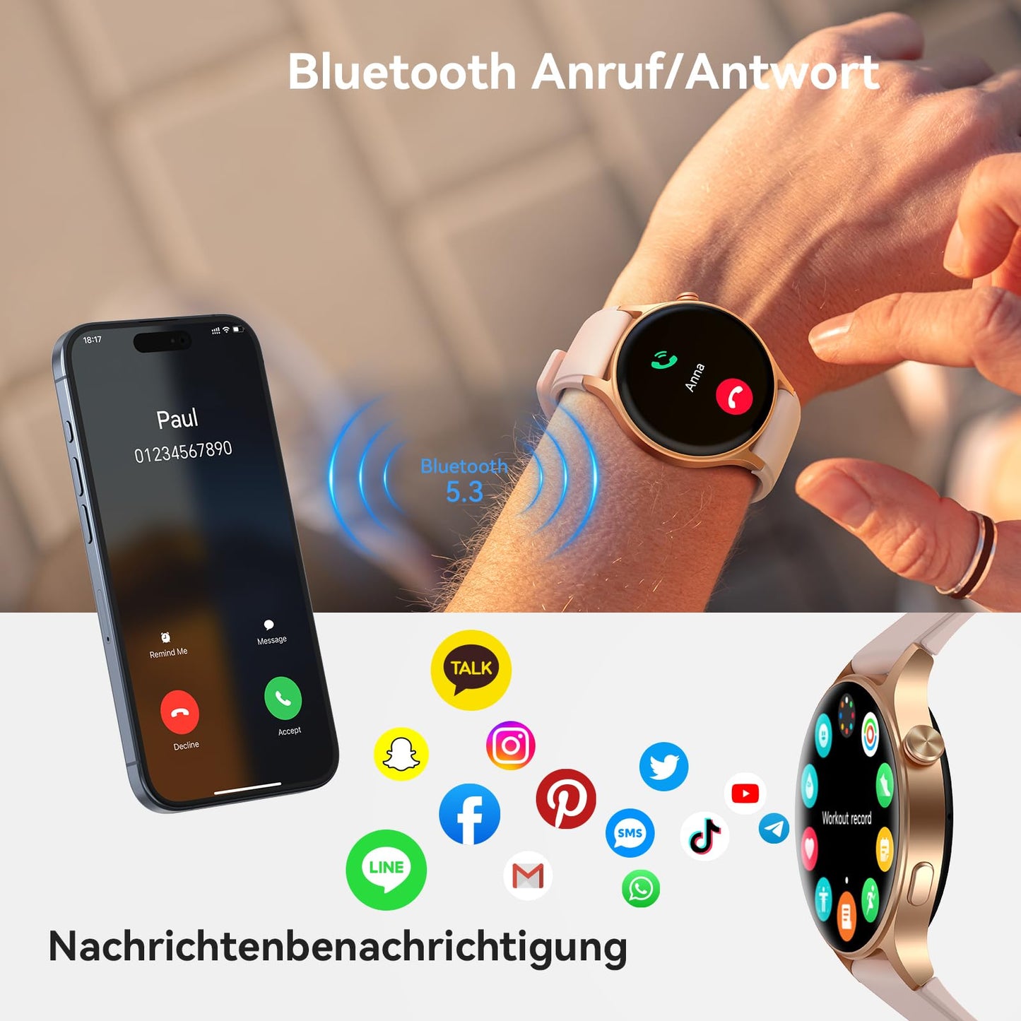 Smartwatch Herren Damen Rund mit Telefonfunktion,1.32" AMOLED Always-On-Display Uhr Herren,110+ Sportmodi Watch mit Pulsuhr Schlafmonitor,AI-Sprachassistent,IP68 wasserdicht Fitnessuhr für iOS Android