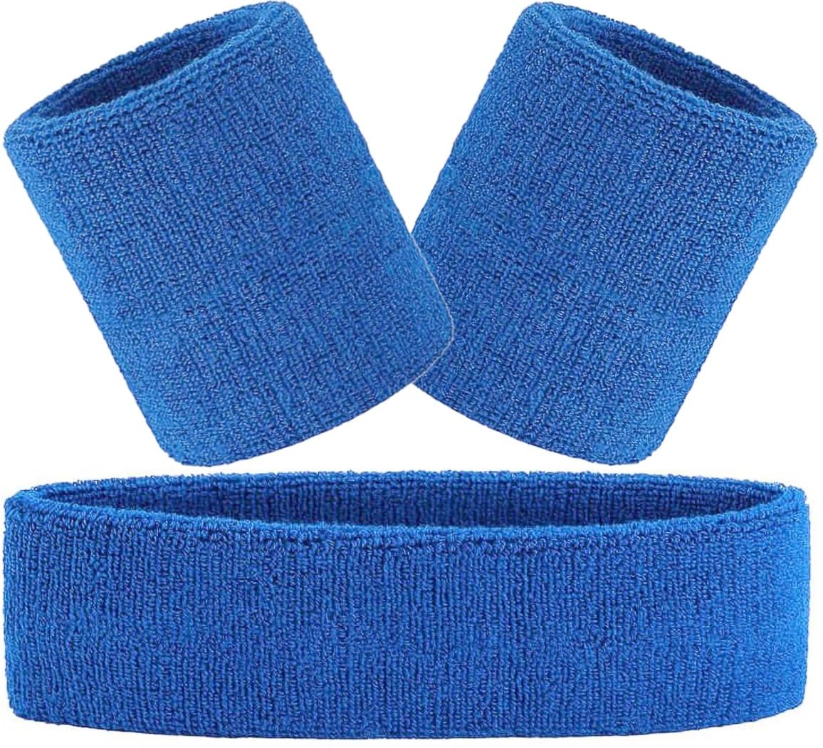 Hatstar 3-teiliges Schweißband Set | 1x Stirnband + 2X Schweißbänder für Handgelenke | Stirnband Damen & Herren | Accessoire für Karneval & Fasching Aerobic Kostüm